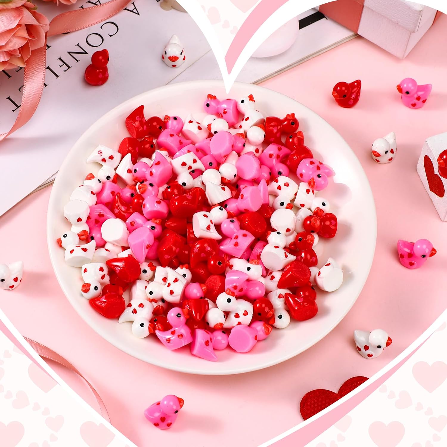 Realspring 100 Pcs Valentine's Day Heart Ducks Mini Resin Duck Figures Bulk Valentines Day Gifts for Home Tabletop Micro Landscape Vase Cake Birthday Party Decor image 2