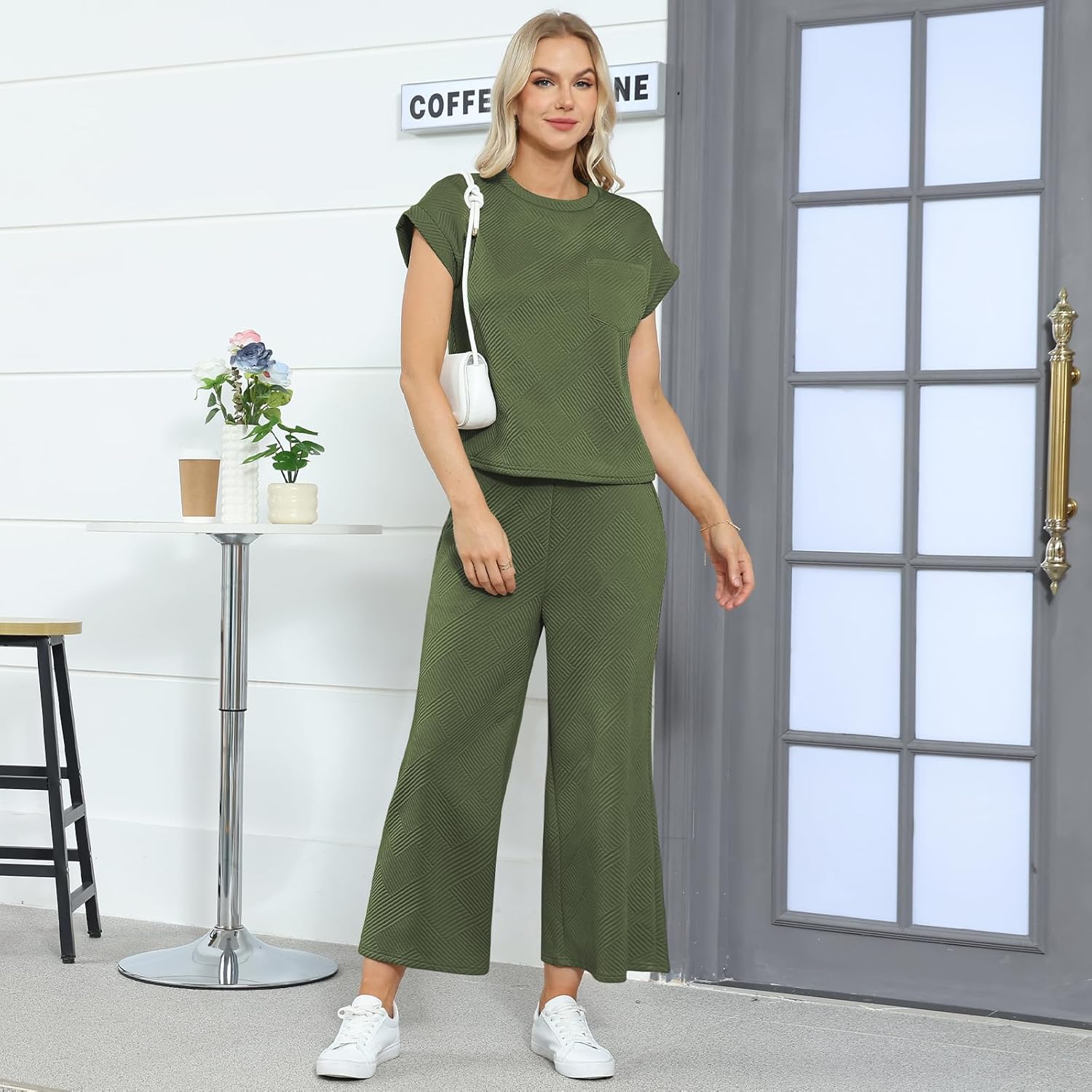 AGSEEM Two Piece Sets for Women Summer Short Sleeve Lounge Sets Cropped Wide Pants Outfits Loungewear Beach Vacation Clothes - Image 2