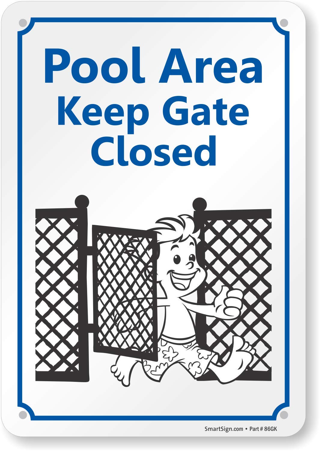 SmartSign 10 x 7 inch “Pool Area - Keep Gate Closed” Swimming Pool Sign with Funny Graphic, Digitally Printed, 55 mil HDPE Plastic, Blue, Black and White
