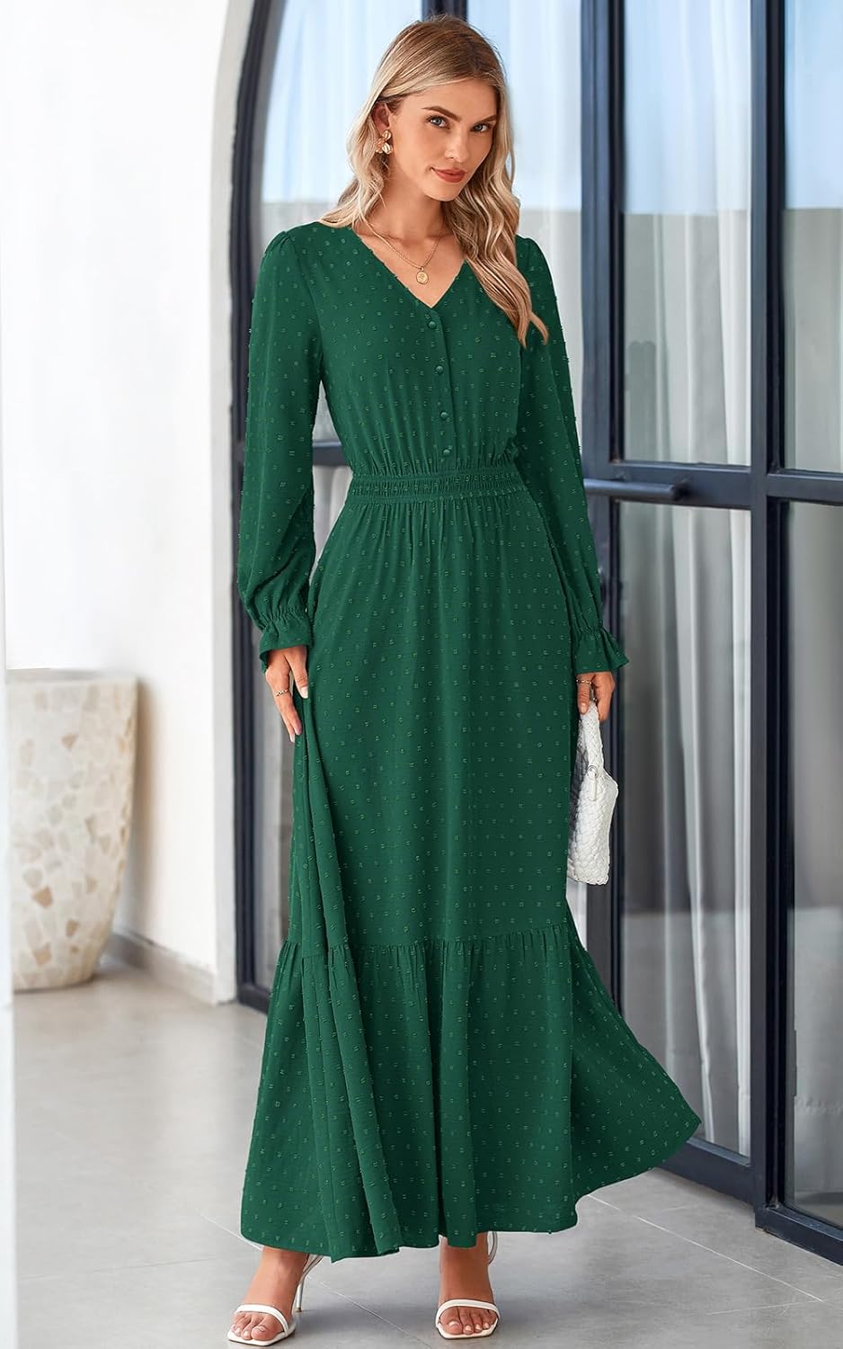 PRETTYGARDEN Women's 2025 Maxi Dress Long Sleeve V Neck Flowy Swiss Dot High Waist Casual A Line Fall Wedding Guest Dresses - Image 6