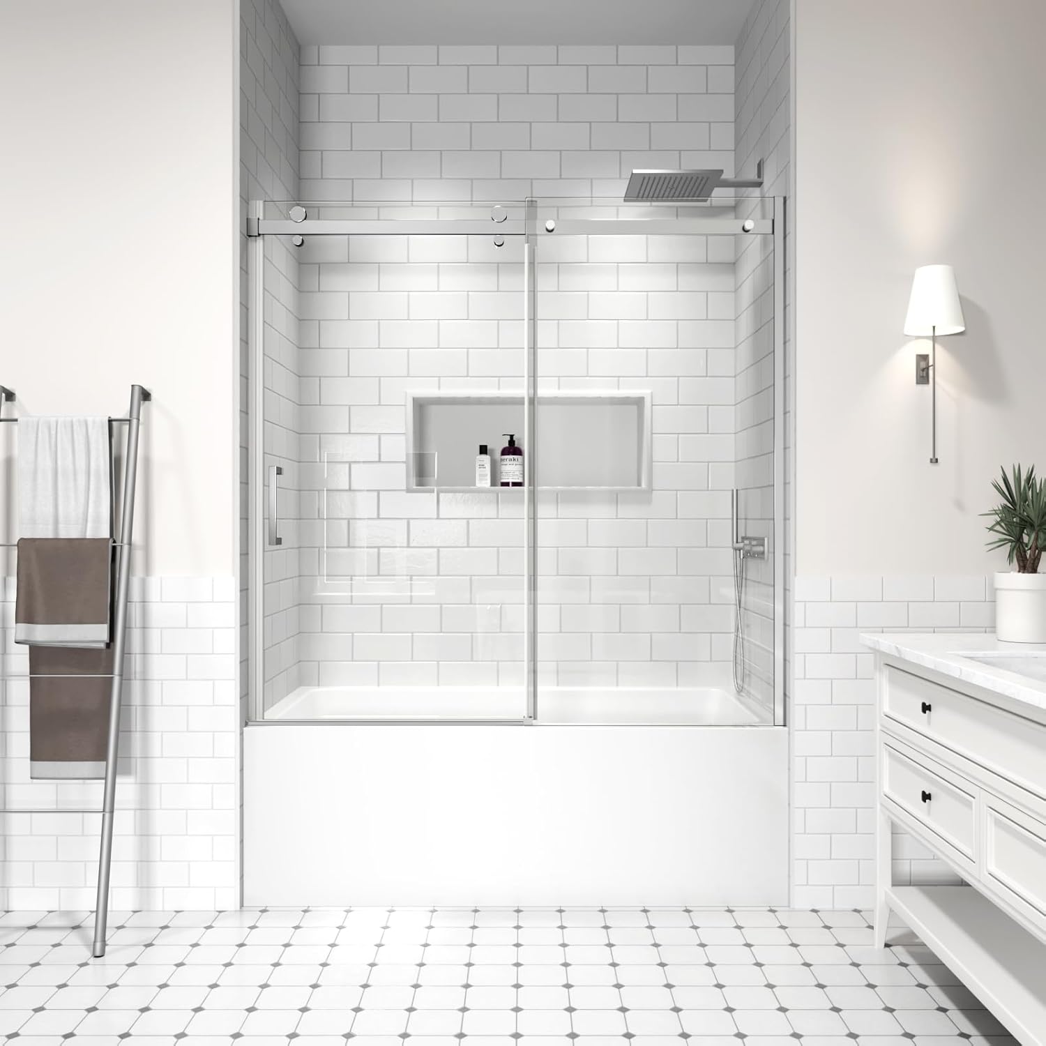 ACE DECOR 56-60" W x 58" H Frameless Bathtub Sliding Doors, Glass Shower Door for Tub with 5/16" (8mm) Clear SGCC Tempered Glass, Chrome Finish Shower Doors, Reversible Installation