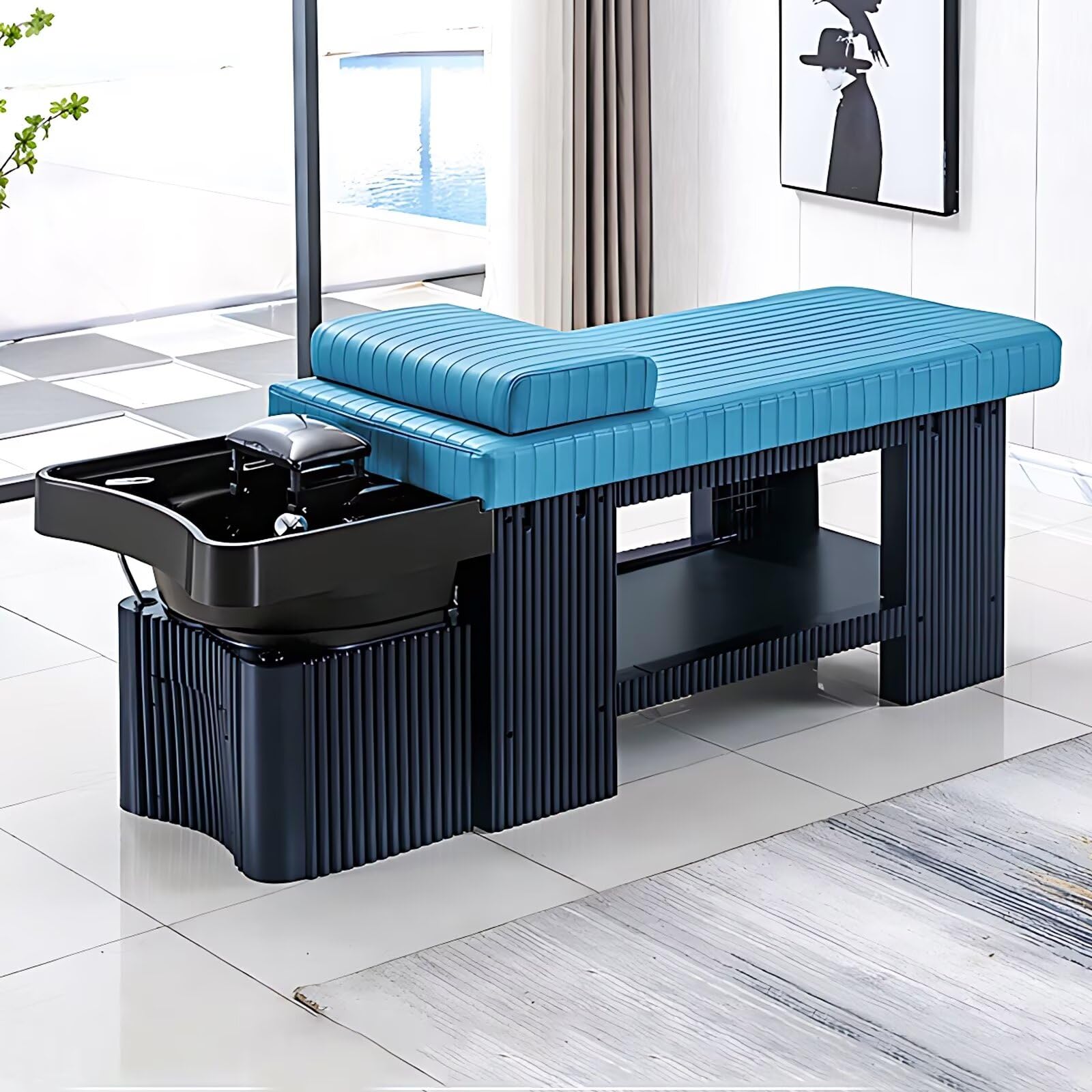 Massage Shampoo Bed with Light Blue Stripe Head Spa Beauty Equipment Includes Comfortable Headrest and Storage