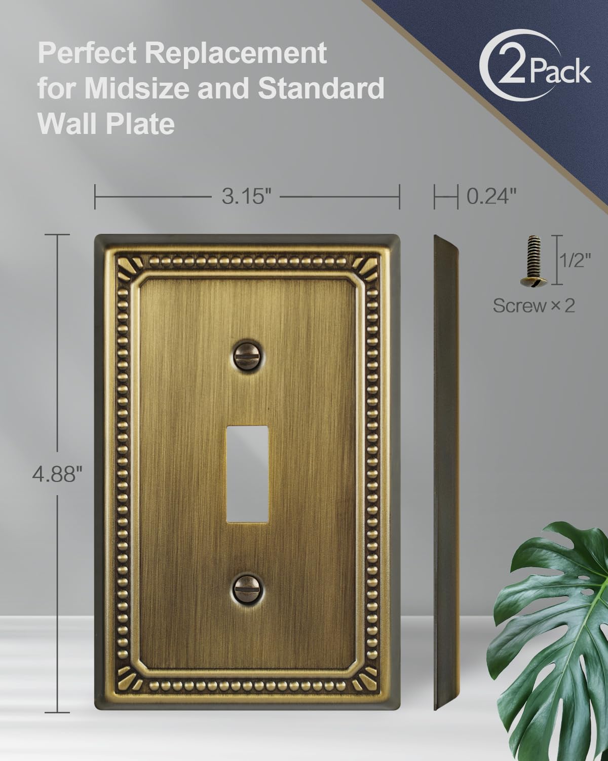 Metal Wall Plates, Switch Plates and Outlet Covers, Decorative Pearl Design (1 Toggle 2PK, Antique Brass, Midsize) - Image 5