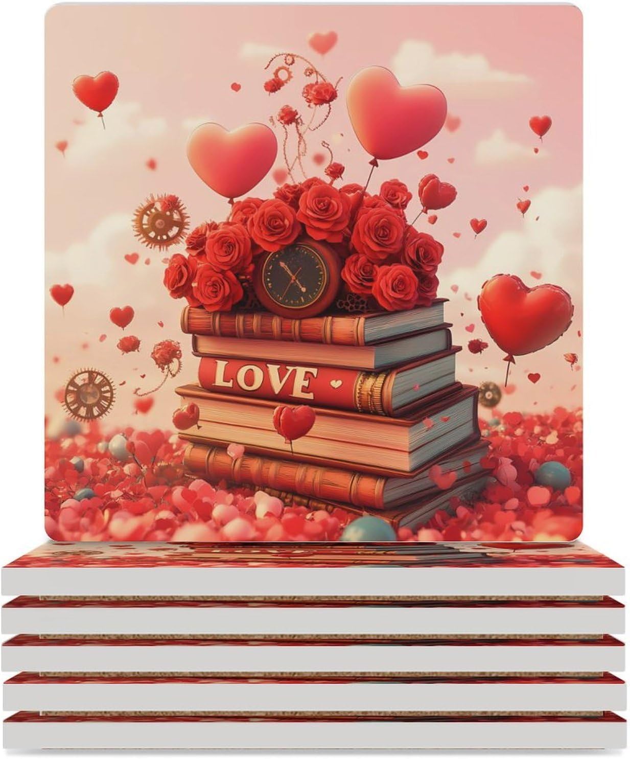 Valentines Love Books Roses Ballons Funny Ceramic Coasters for Drinks Absorbent Cup Holder Tabletop Protector with Cork Base
