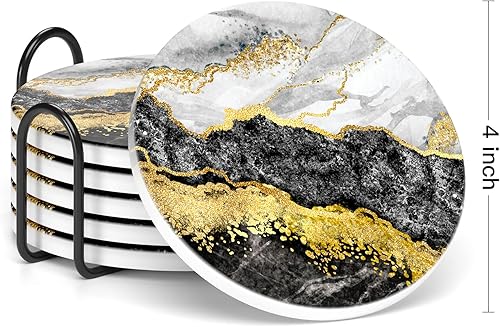 Miniatura 8 de Nipichsha Juego de 6 posavasos de cerámica absorbente estilo mármol con soporte y base de corcho, bonitos posavasos de piedra para tazas, cocina,