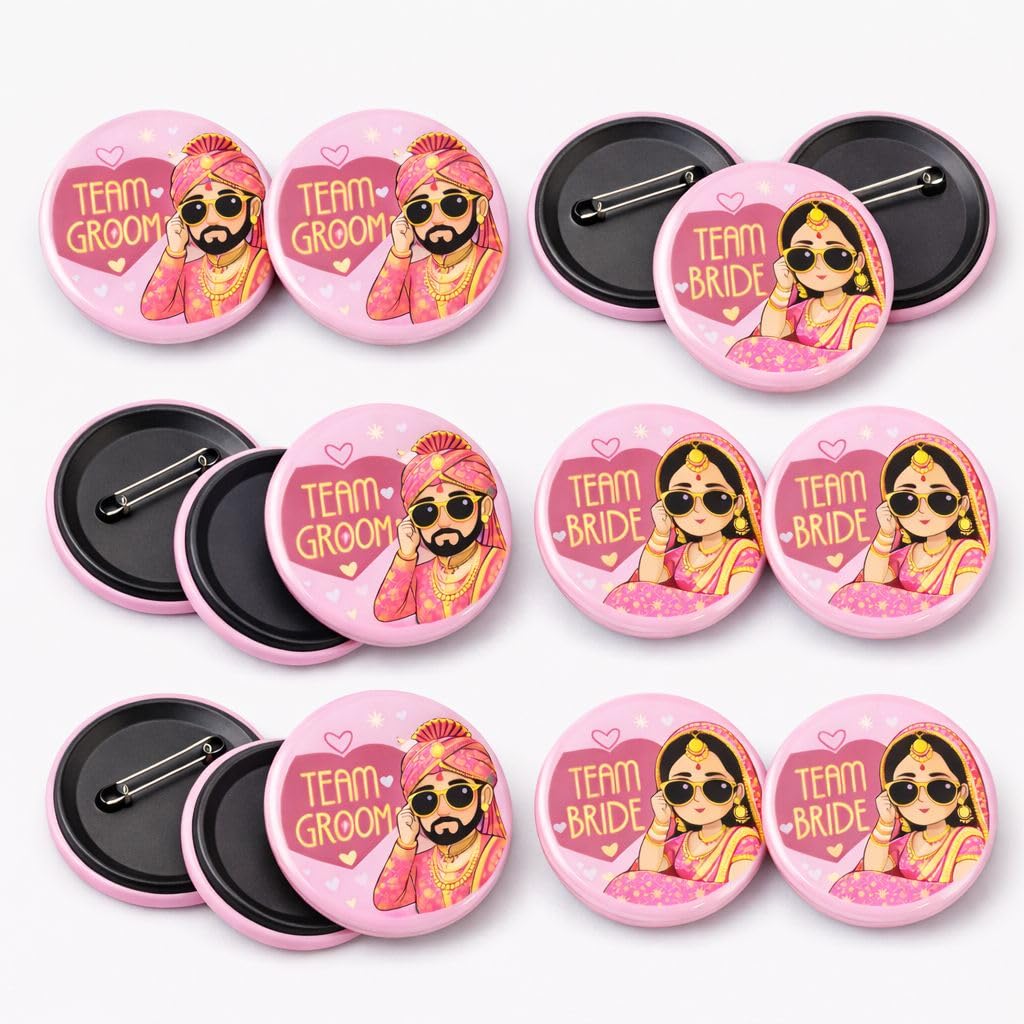 Glitreeprops Pack of 30 Wedding Button Badges (15 Team Groom + 15 Team Bride) | Ladke Wale & Ladki Wale Badges | Round Pin-Back Wedding Badges for Indian Wedding, Haldi, Mehndi & Reception | Groom & Bride Side Party Badge-image-15