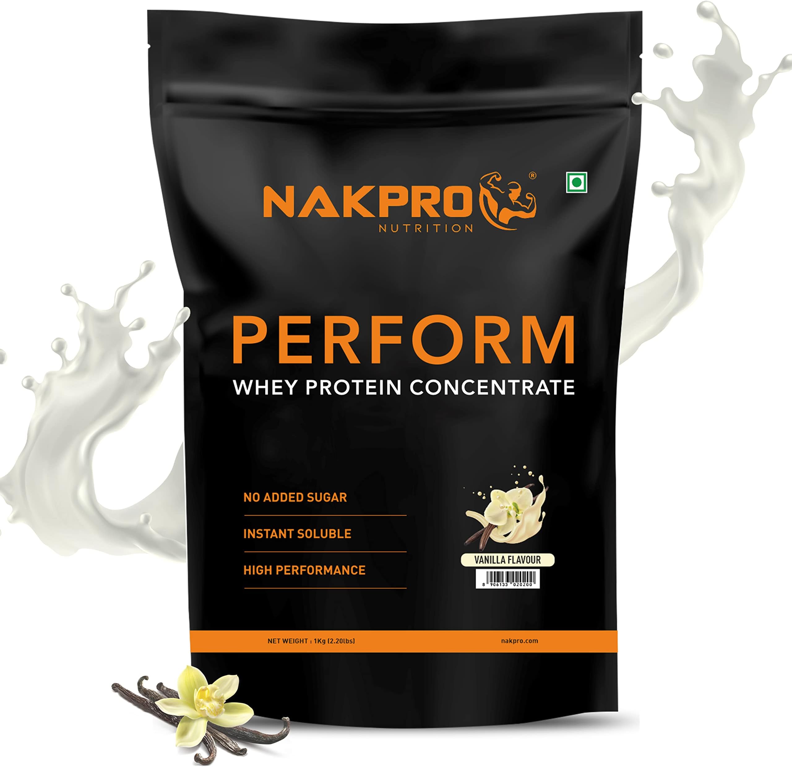 NAKPRO Perform Whey Protein Concentrate | 24g Protein, 5.3g BCAA per Serving | Muscle Recovery Workout Drink, Lean Muscle Growth (Vanilla, 1 Kg)