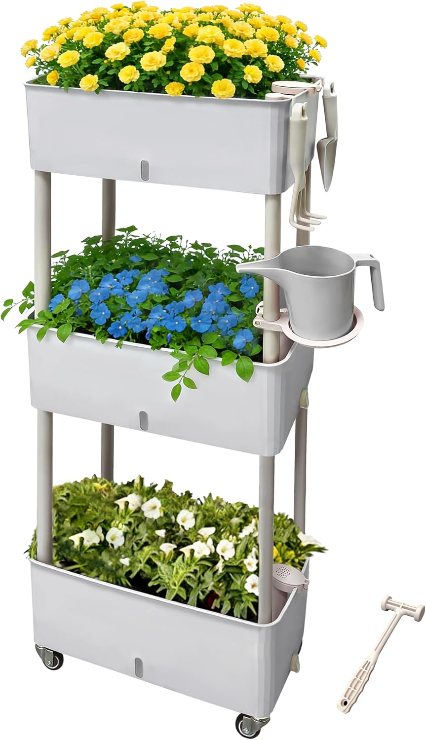 3-Tier Rolling Raised Garden Bed with Wheels, 46.7" H x 18.3" L x 10" W, Gray PP Plastic Planter Box for Vegetables Herbs Flowers Outdoor - Portable, Durable, Rustproof