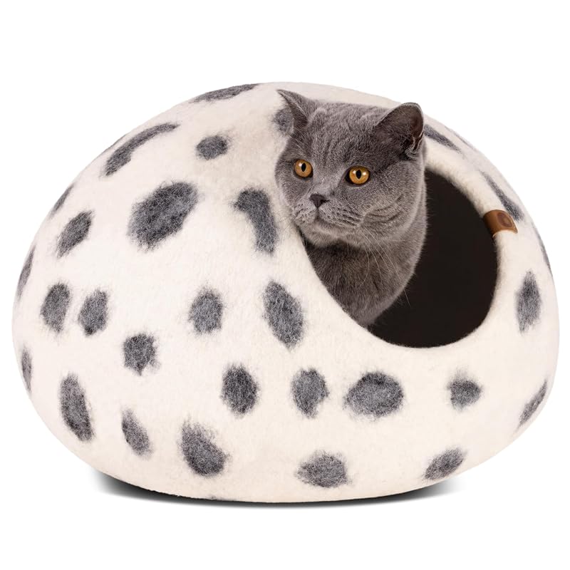 Cama caverna para gatos MEOWFIA de lã merino feltrada, Snow Leopard, Medium