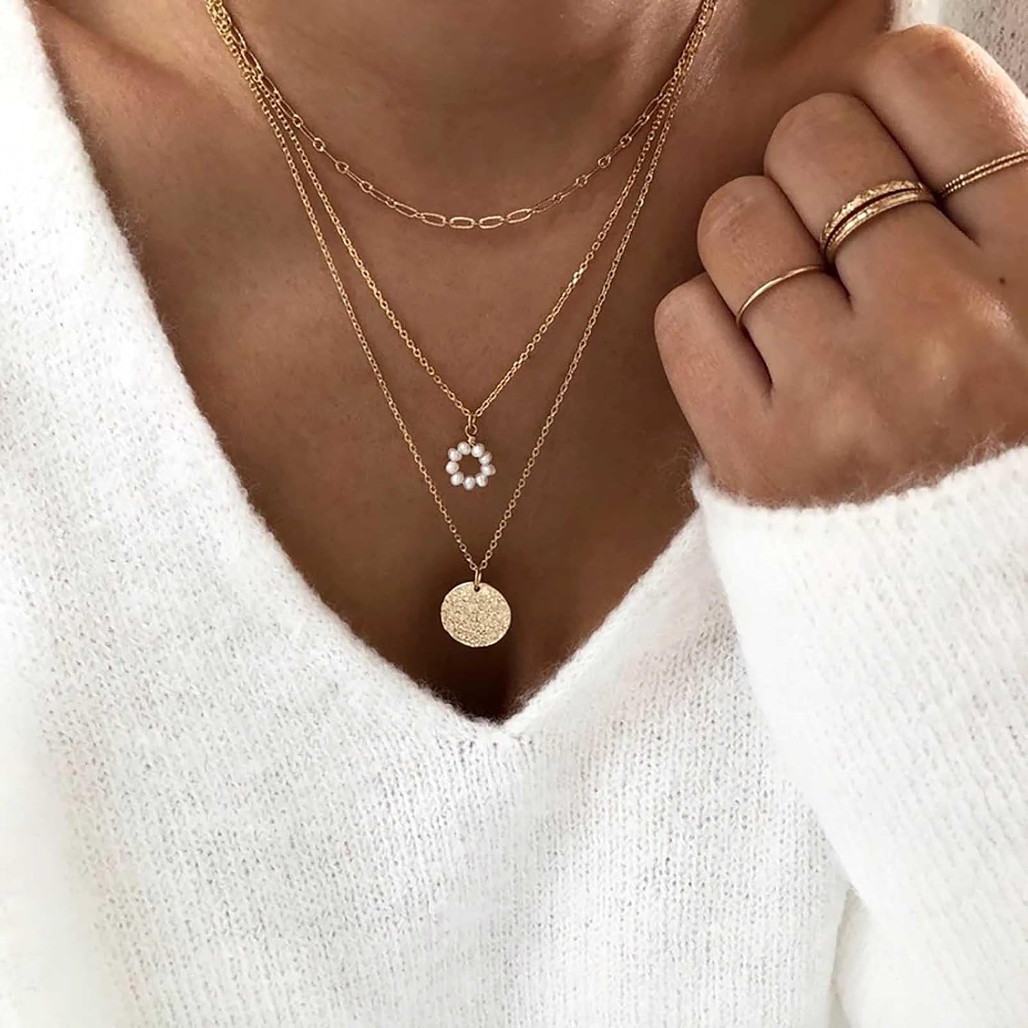 Andelaisi Boho Layered Disc Pendant Necklace Vintage Pearl Flower Choker Necklace Gold Coin Paperclip Chain Necklace Multilayered Disc Coin Chain Necklace Jewelry for Women - Image 2