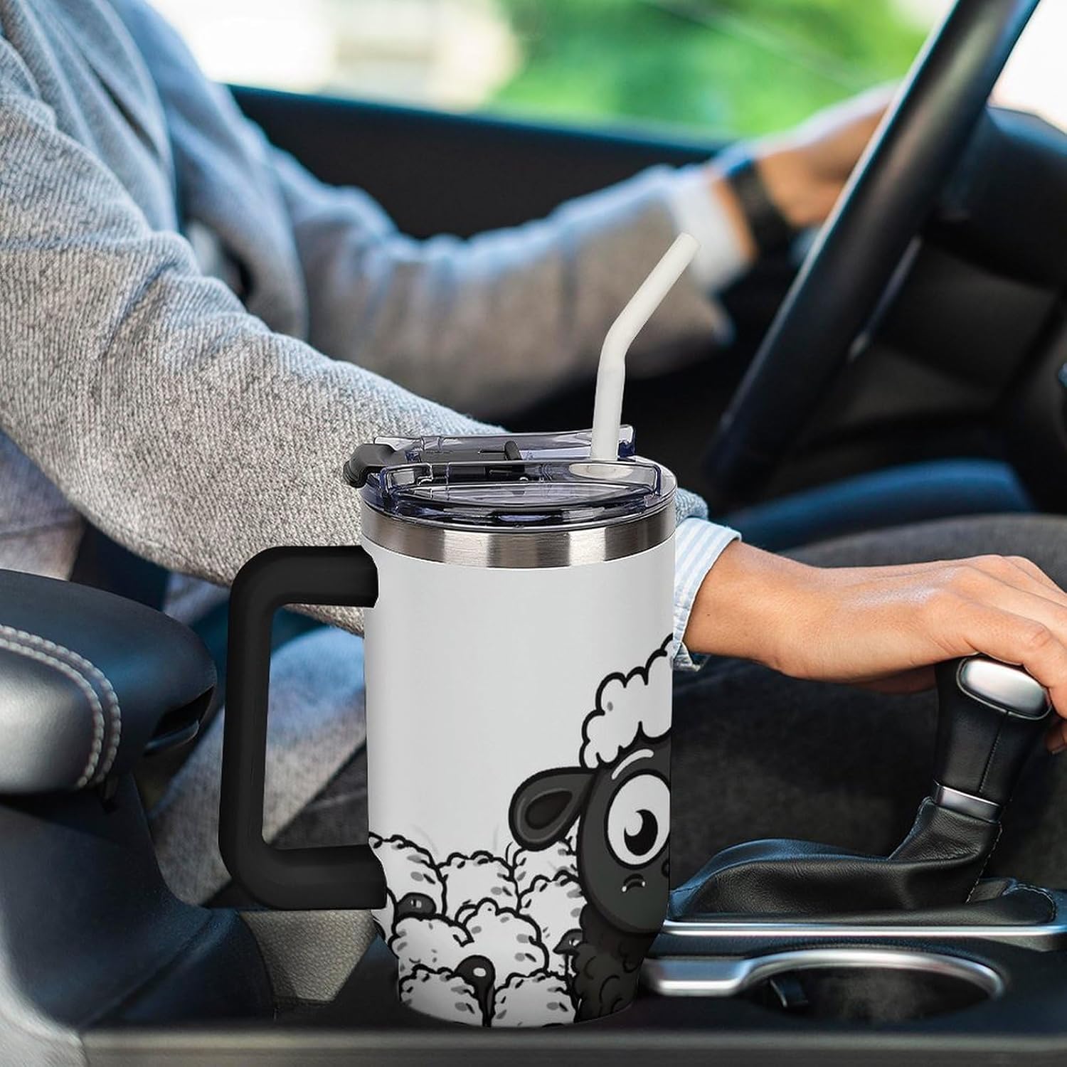 40 Oz Tumbler with Straw And Lid Cartoon Black White Sheep Insulated Travel Coffee Mug Stainless Steel Water Bottle Vacuum Insulated Tumblers for Sport Work Car Travel Weekends