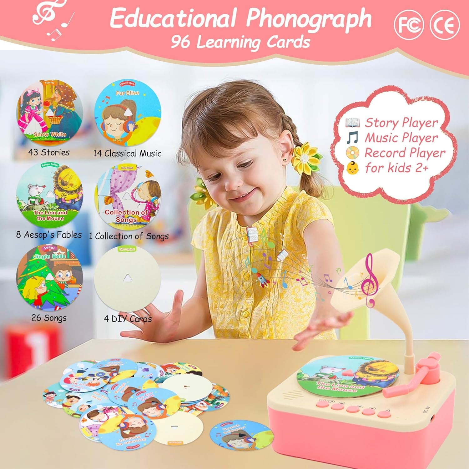 MOROVIK Gramophone with 96 Learning Cards, Record Player, Storytelling Machine for , Kids Music Player, Phonograph Toy (NC001) 1