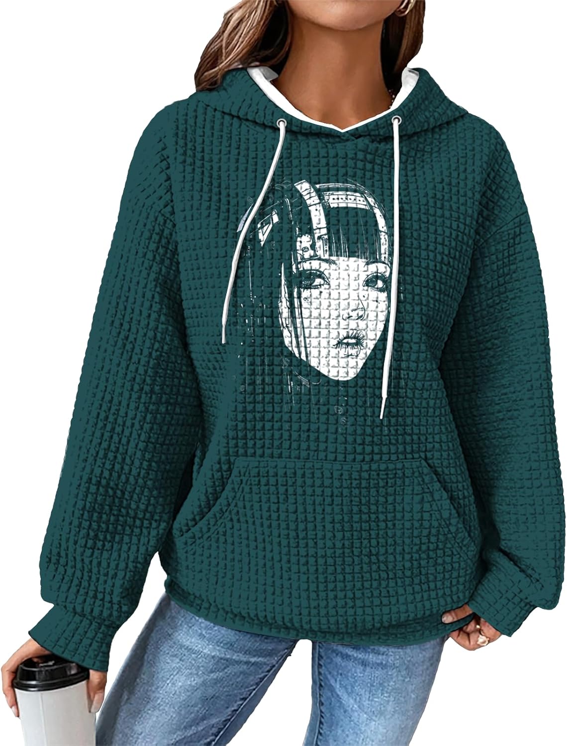 Green Hoodie For Women Oversized Long Sleeve Waffle Sweatshirt With Pocket Loose Fit Fall Outfits Fashion Clothes