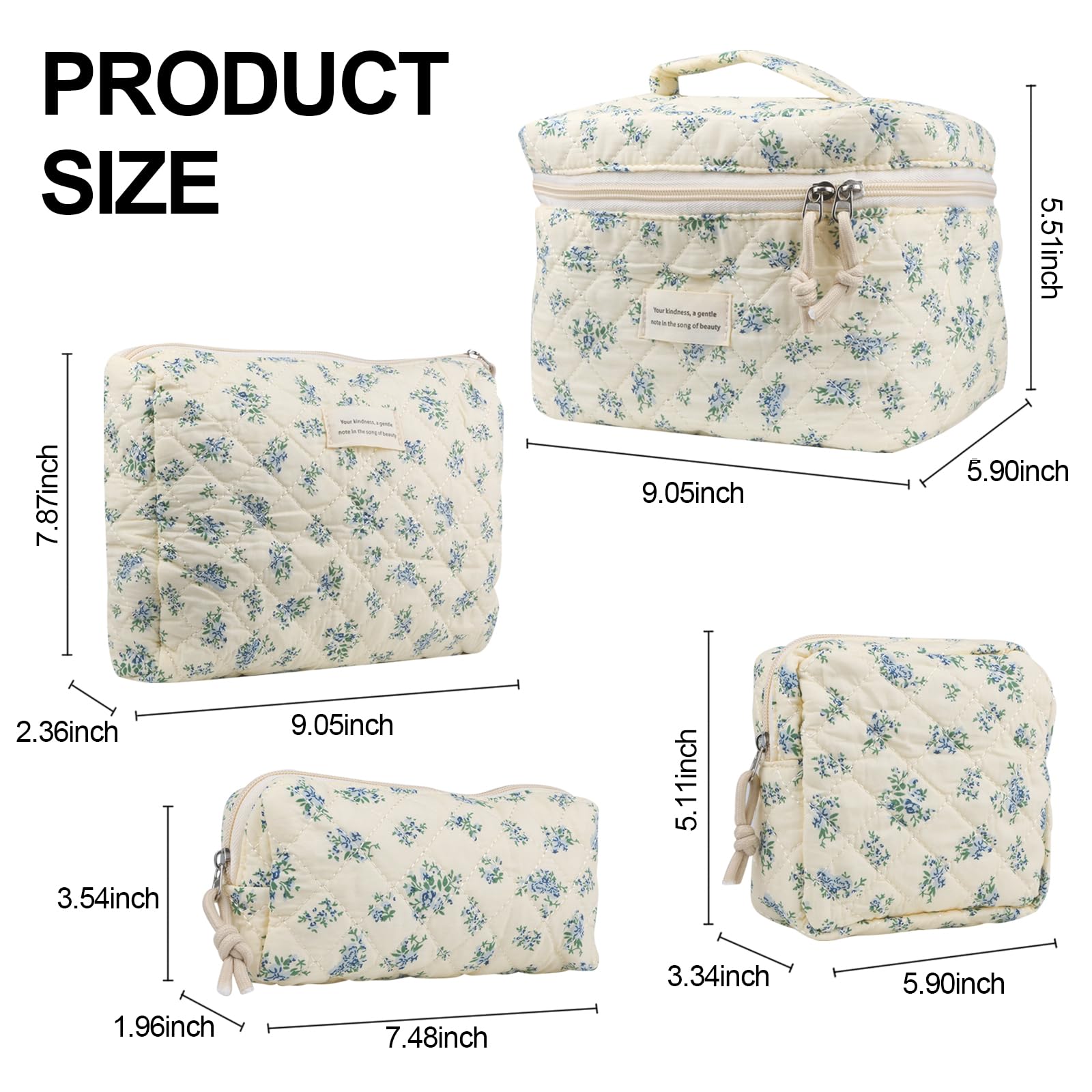 VIWIME Make-up-Kosmetiktasche, groß, Baumwolle, gesteppt, Reise-Kokette, ästhetisch, niedliches Blumenmuster, Make-up-Tasche für Damen, Kulturbeutel, 203 - Blaue Rose, 4 Stück, 10.1x5.8x5.4 inches
