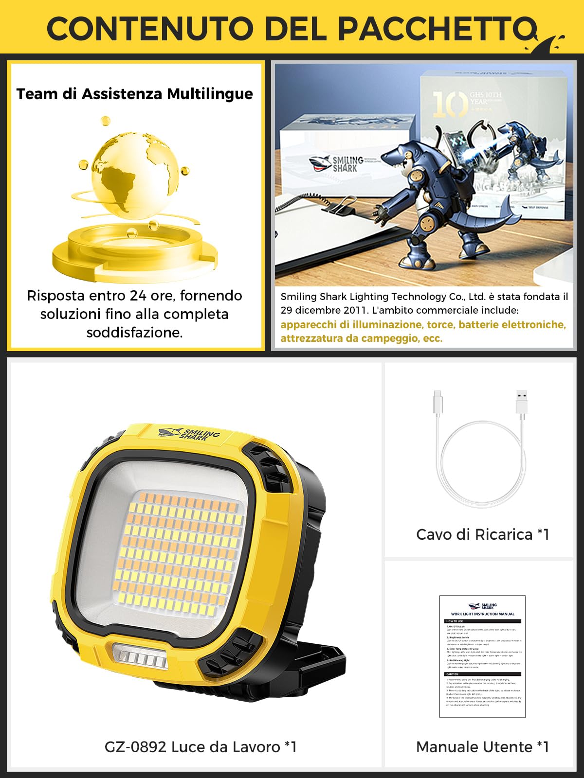 Smiling Shark Lampada Lavoro, LED Lampada Officina 7500mAh Ricaricabile Impermeabile 18 Modalità Luminose Portatile Luce Ispezione con Magnetica per Campeggio Riparazione Garage laboratori Emergenza