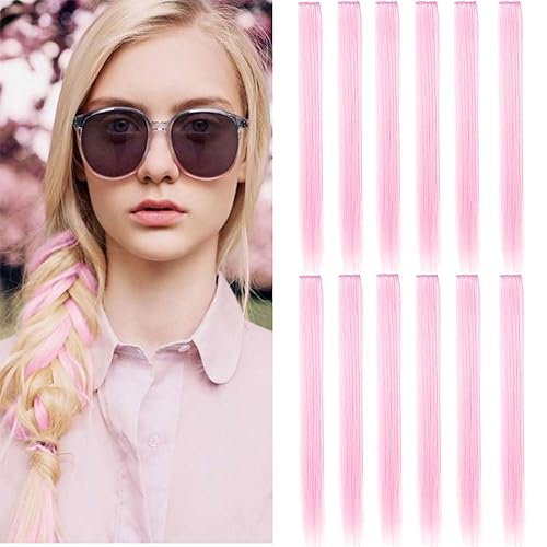 12 extensiones de cabello rosa claro con clip, extensiones de colores con reflejos para fiestas para niños y niñas, postizo sintético lacio de 21