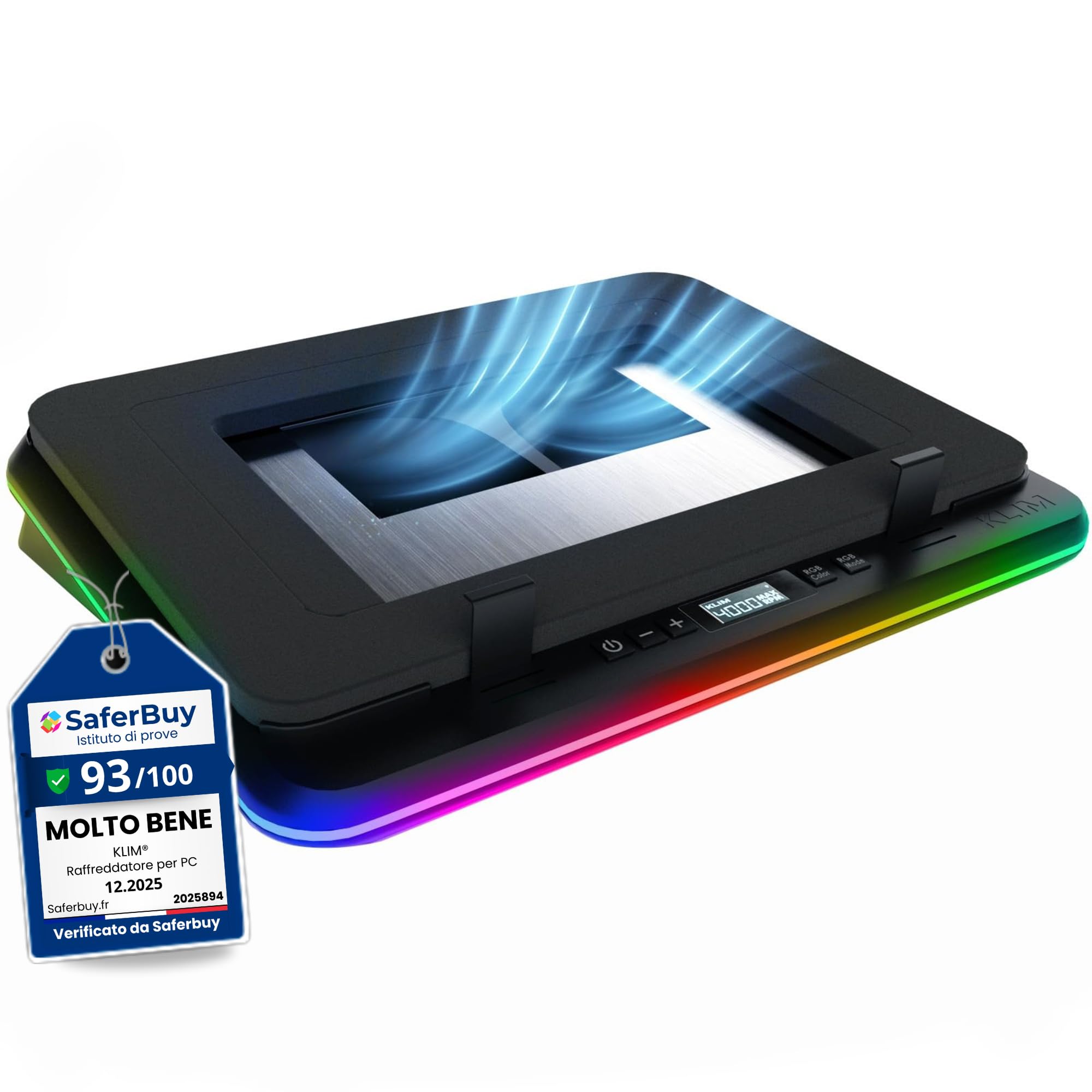 KLIM Turbofrost Base Raffreddamento PC Portatile - 4 turbo ventole fino, 4 x 4000 RPM, Ventola PC Portatile USB-C o DC, RGB, 4 porte USB, schiuma sigillata, raffreddamento rapido Compatibile fino a 17