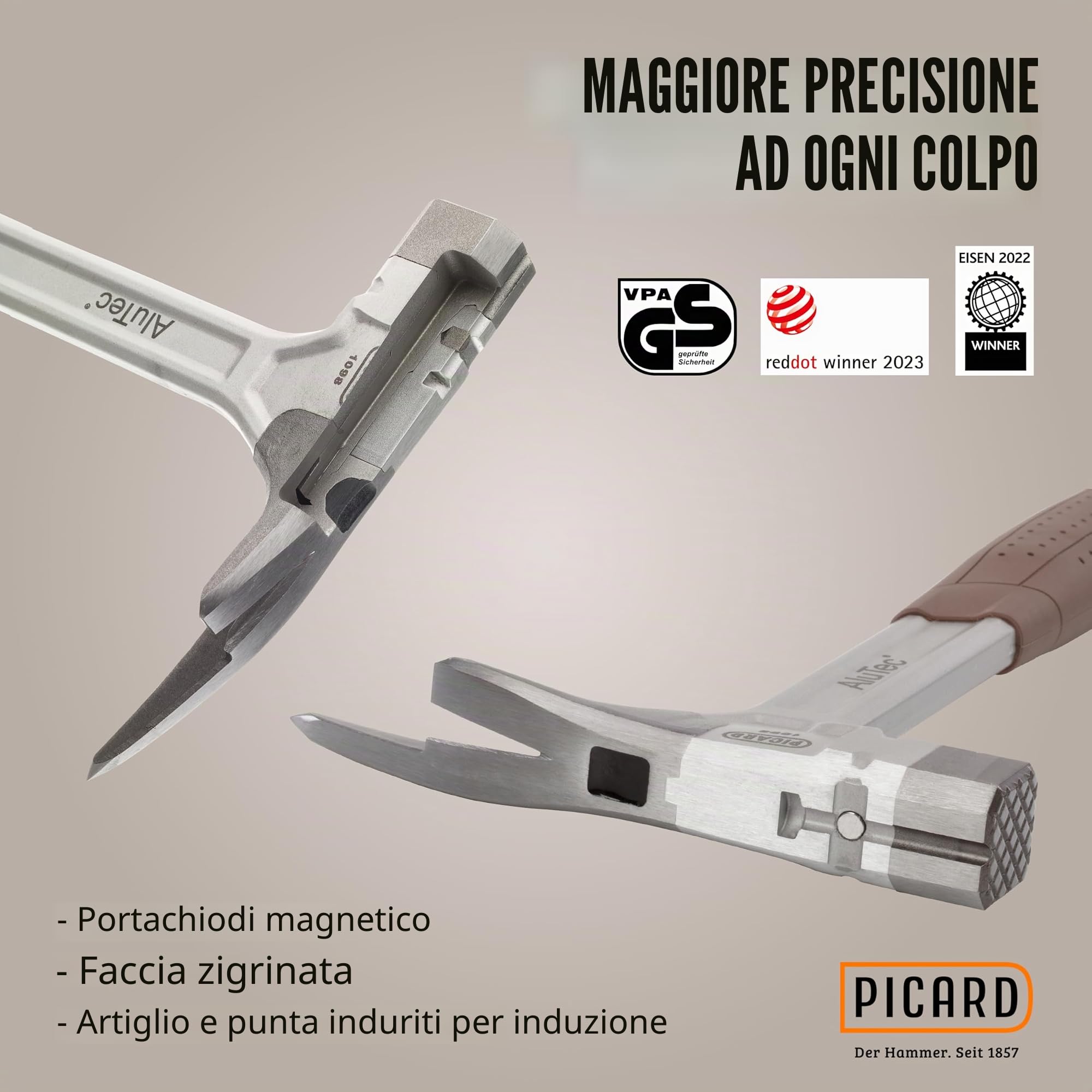 PICARD Martello da carpentiere AluTec® n. 1098 zigrinato | Martello carpentiere ibrido in alluminio e acciaio | Hammer professionale con magnete per chiodi e impugnatura ergonomica