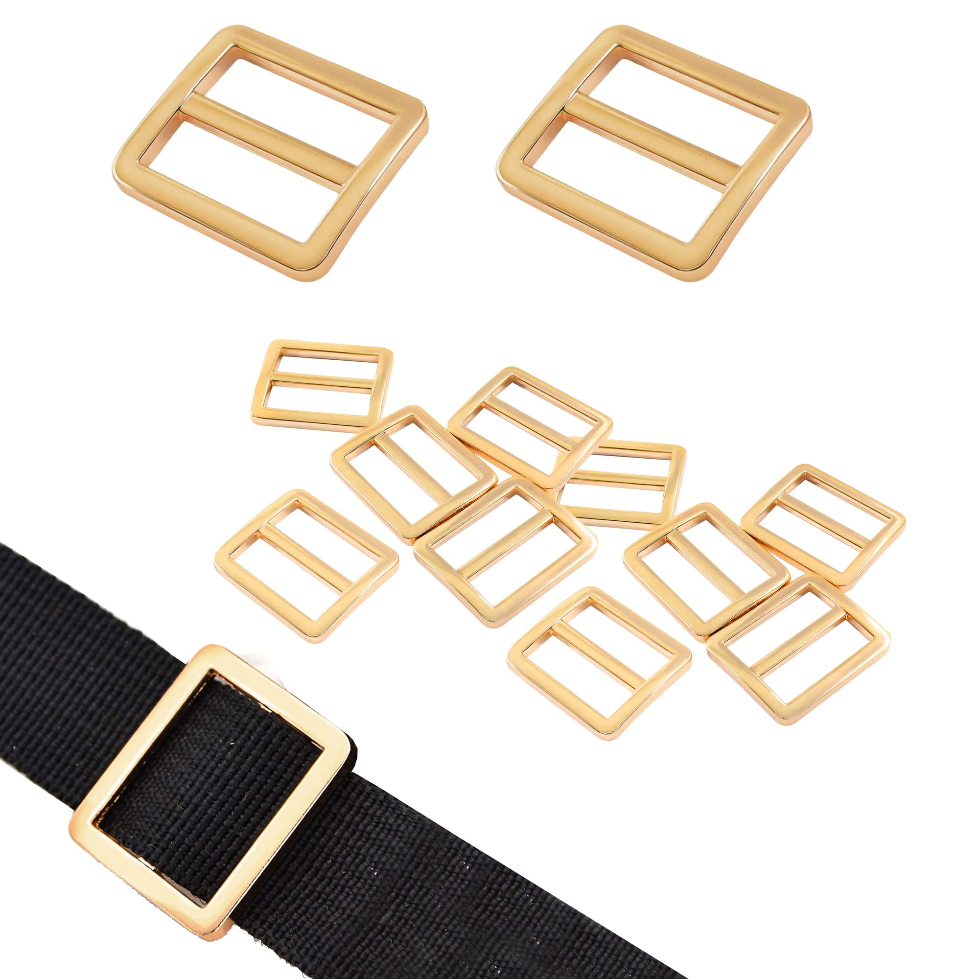 RiseDirectly 12Pcs 1 Inch Gold Tri-Glide Buckles, Zinc Alloy Metal Strap Adjuster Slider, Adjustable Webbing Fastener for Bag Belt Pet Collar Leathercraft DIY (Gold)