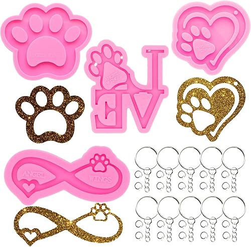 Kit de 34 moldes de resina epoxi, corazón de cinta de amor con estampado de patas, moldes de silicona para moldes de resina epoxi con agujero, 4