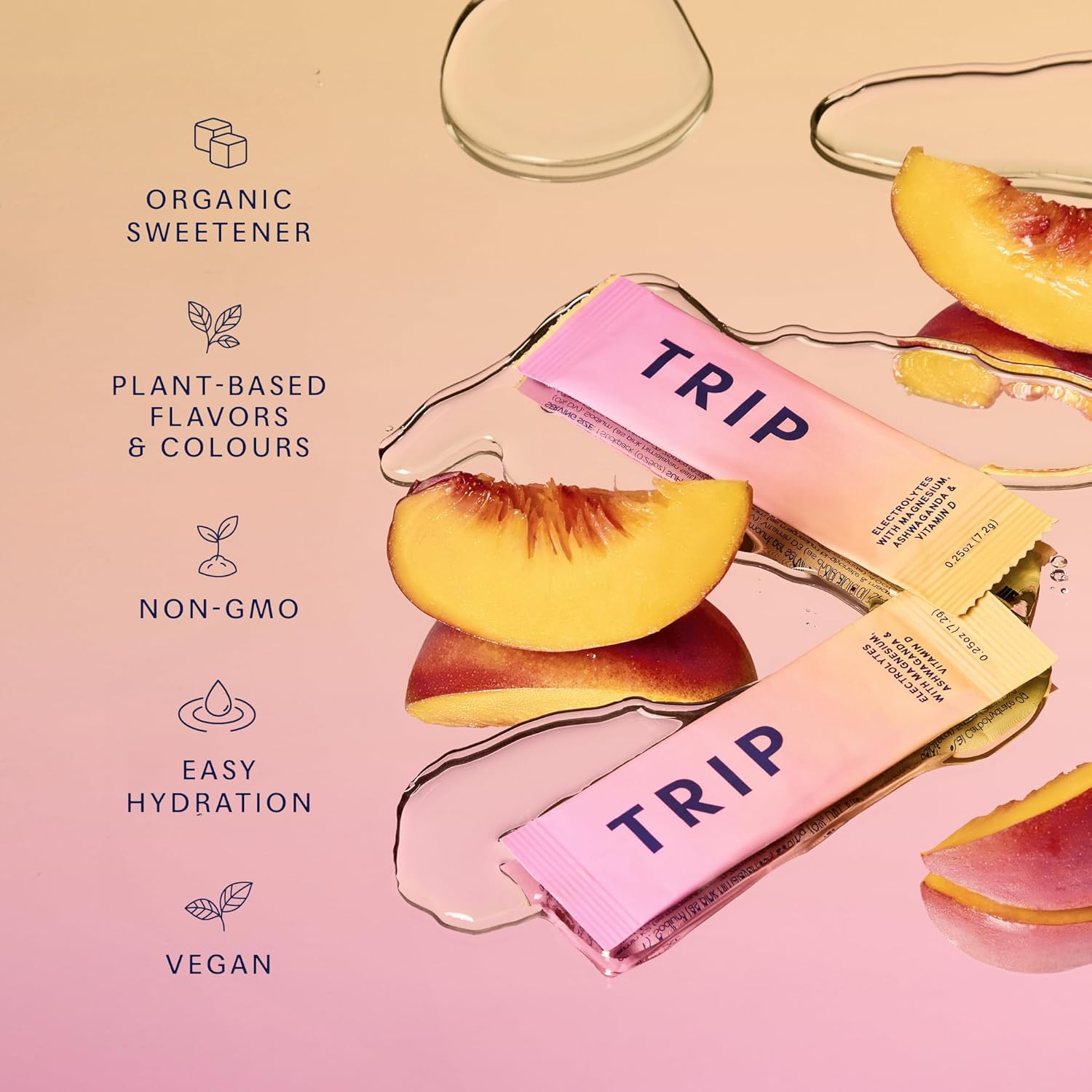 TRIP Electrolytes Powder Packets with Magnesium, Ashwagandha & Vitamin D. Peach Yuzu Daily Hydration Packets, Vegan, Electrolyte Drink Mix, Calming Hydration Powder, 20 Sachets - Image 3