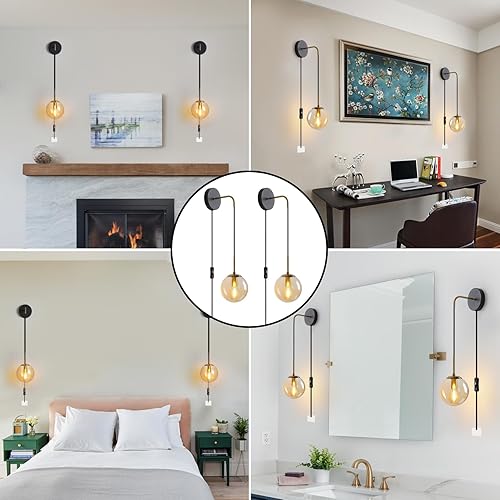 Miniatura 6 de Juego de 2 apliques de pared negros y latón dorados. Juego de 2 apliques de pared enchufables con pantalla de vidrio ámbar globo, lámparas de pared