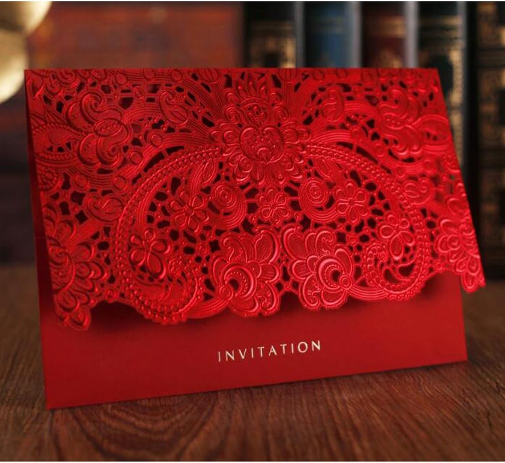 WOMHOPE 50 Pcs - Elegance Lace Emboss Laser Cut Card Wedding Invitation Party Folding Invitations Cards Birthday Invitations Cards Wedding Favors Party Favors (Red + White Envelope (Set of 50 pcs))