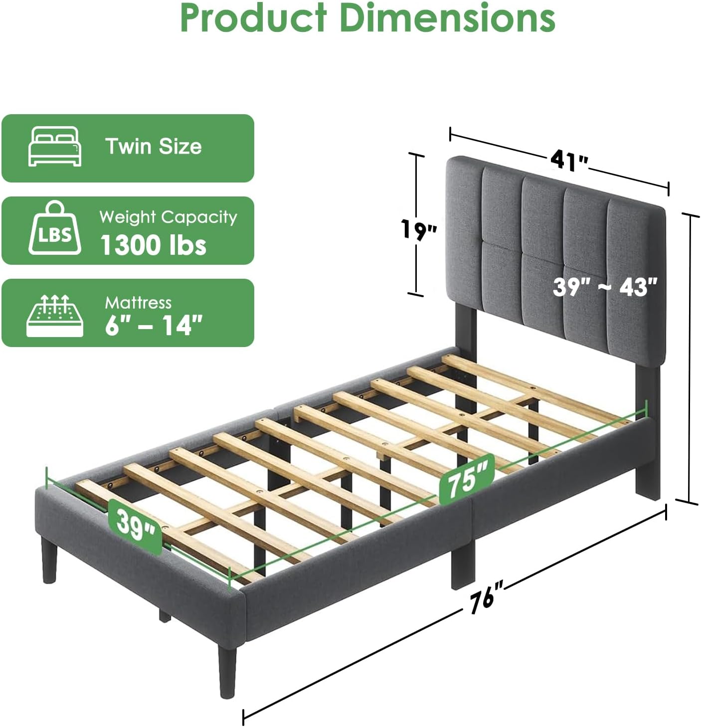 Marsail Twin Size Bed Frame with Headboard - Upholstered, Adjustable 6"-12" Mattress Fit, 1300 lbs Capacity, 12-Leg Sturdy Wood Design, Dark Gray