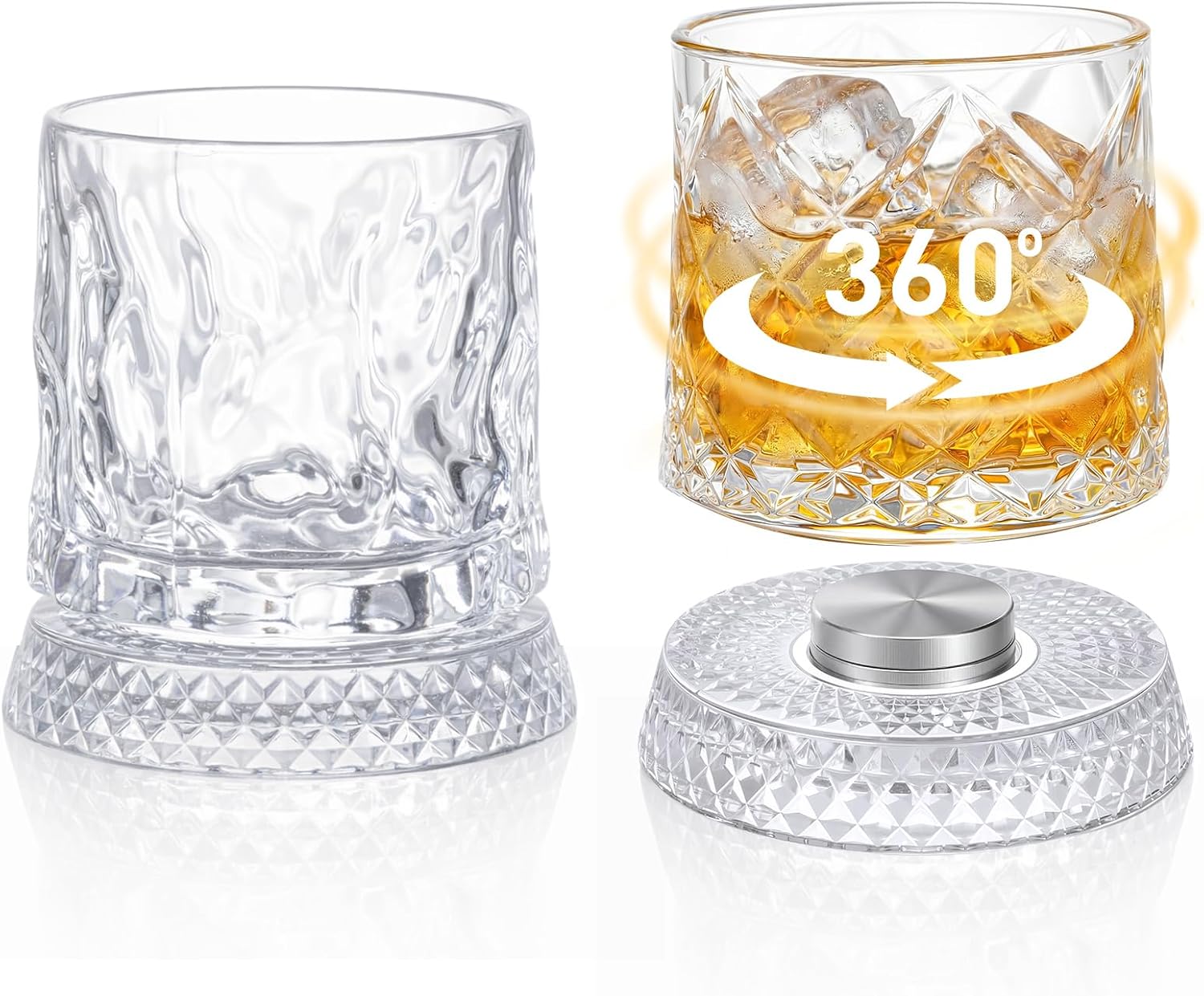 2 Pack 9 oz Spinning Whiskey Glass, Crystal Rotating Glass 360° Spinning with Embossed Coasters for Scotch, Bourbon Bars Party, Ideal Gifts for Men Father Husband Whiskey Enthusiast