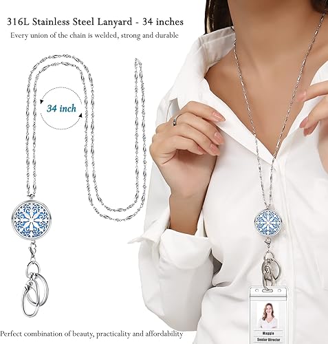 Miniatura 3 de USANGERS - Collar retráctil con colgante para identificación, resistente cadena de cuentas, difusor de aceites esenciales, de acero inoxidable,