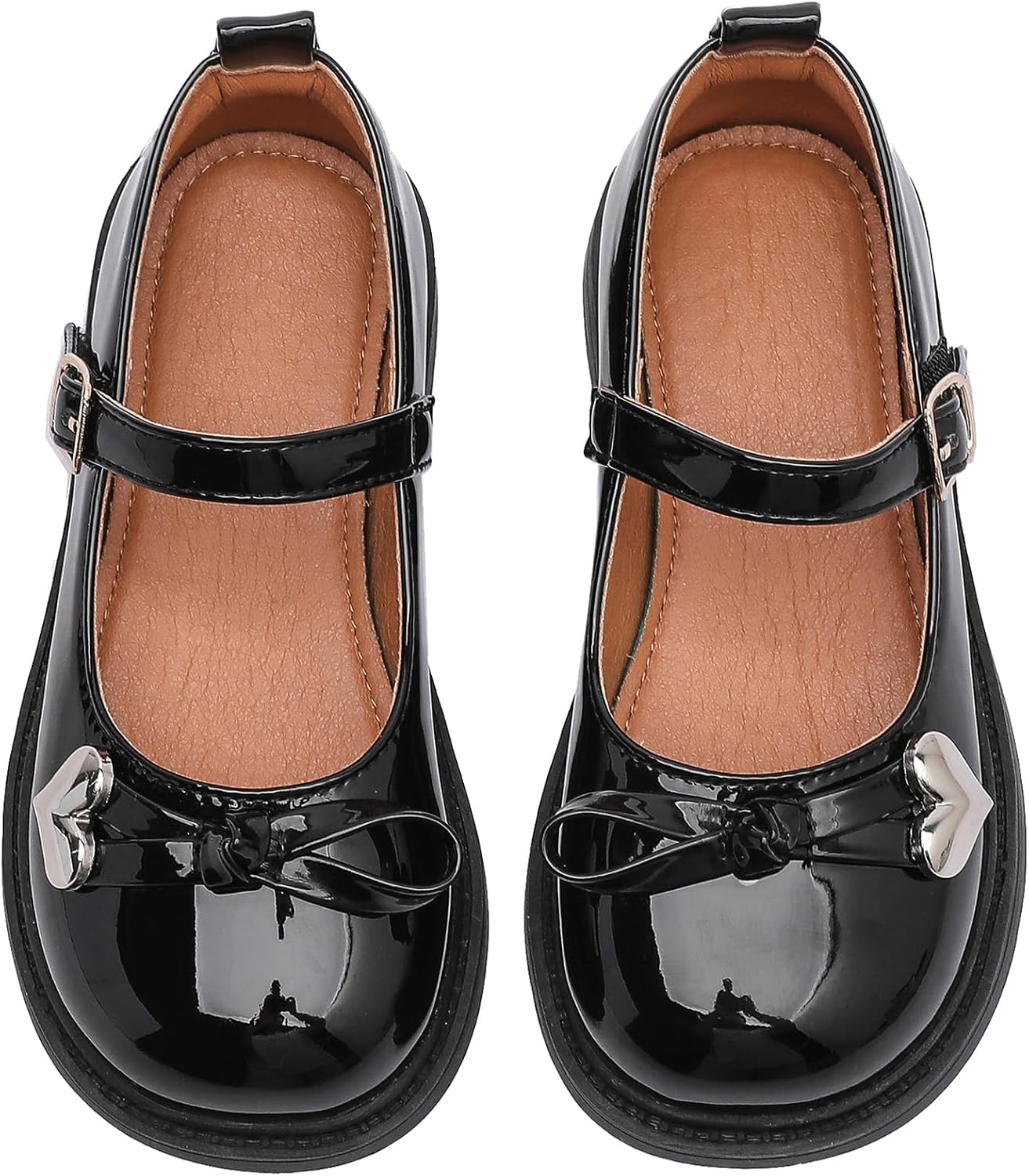WUIWUIYU Girls Black Mary Jane Shoes Ankle Strap School Uniform Dress Loafers Bow Pearls Flower Flats