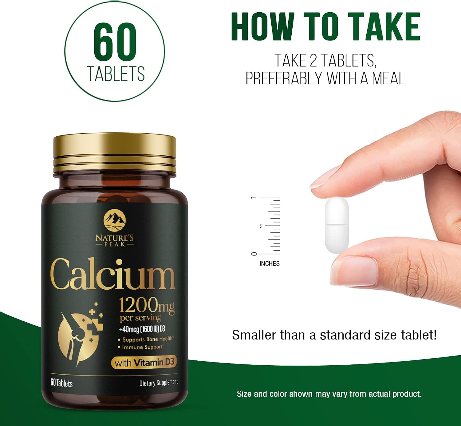 Calcium 1200 mg Plus Vitamin D3, Bone Health & Immune Support - Nature's Calcium Supplement with Extra Strength Vitamin D for Extra Strength Carbonate Absorption Dietary Supplement - 60 Tablets