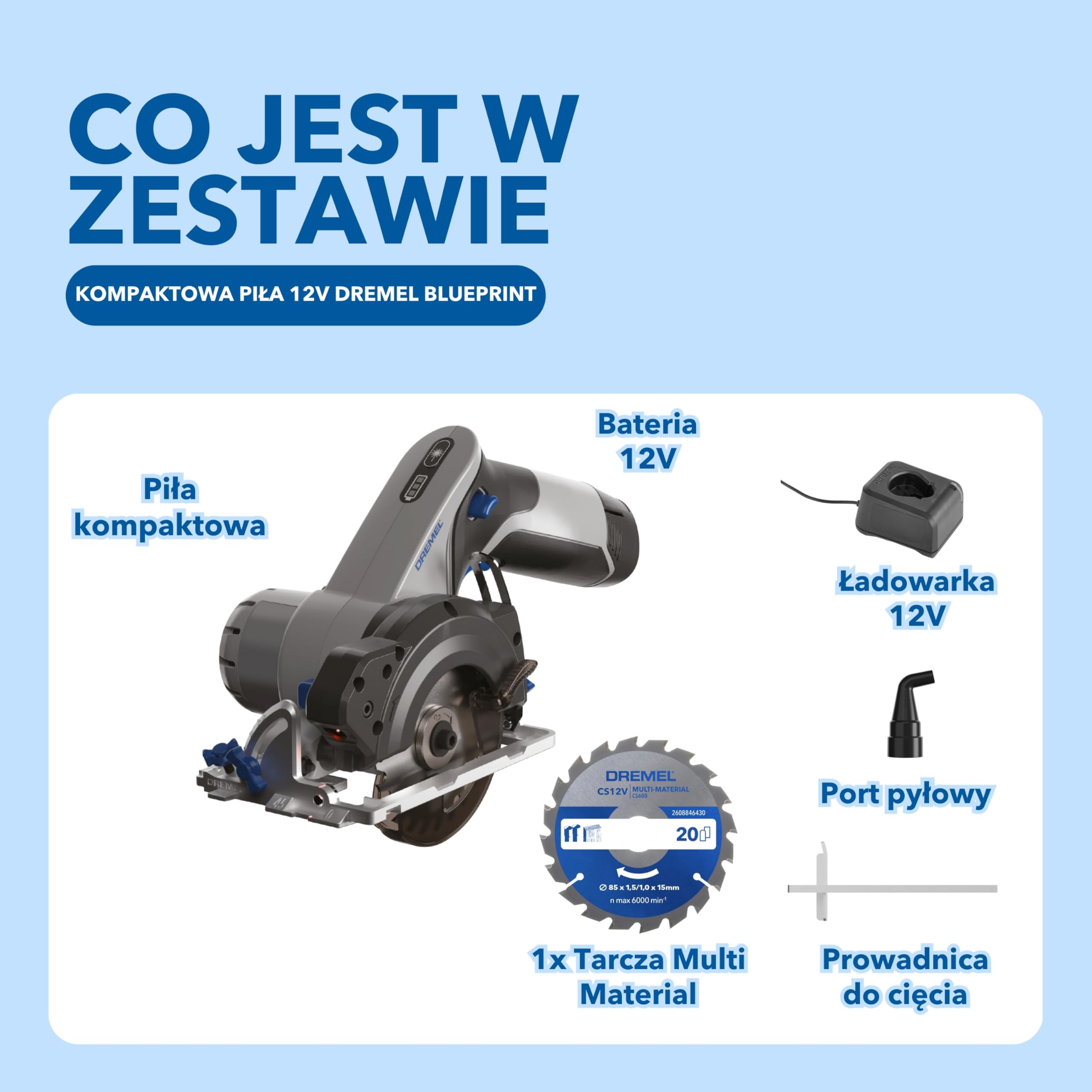 Dremel Blueprint CS12V-S1 akumulatorowa piła tarczowa z silnikiem bezszczotkowym z laserową prowadnicą liniową, prowadnica do cięcia ukośnego, 1 wielomateriałowa piła tarczowa, 1 akumulator 2,0 Ah +