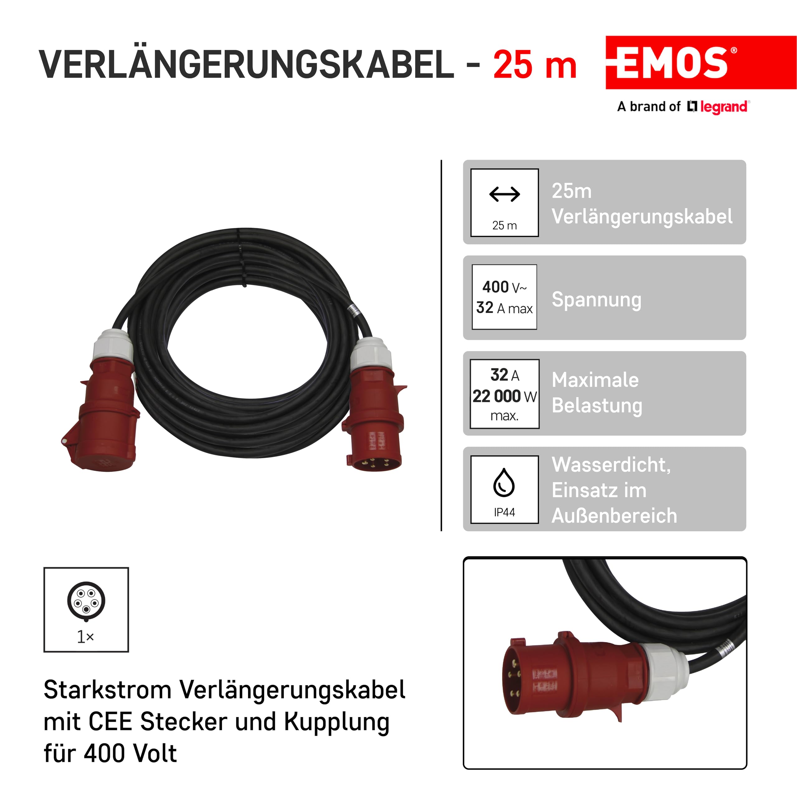 EMOS - Przedłużacz CEE IP44 25 m - wtyczka 5-biegunowa - wodoszczelny, odporny na temperaturę - 400 V, 32 A, 22000 W - izolacja gumowa - CGSG 5C x H07RN-F 4 mm2 - do użytku na zewnątrz i na kemping -