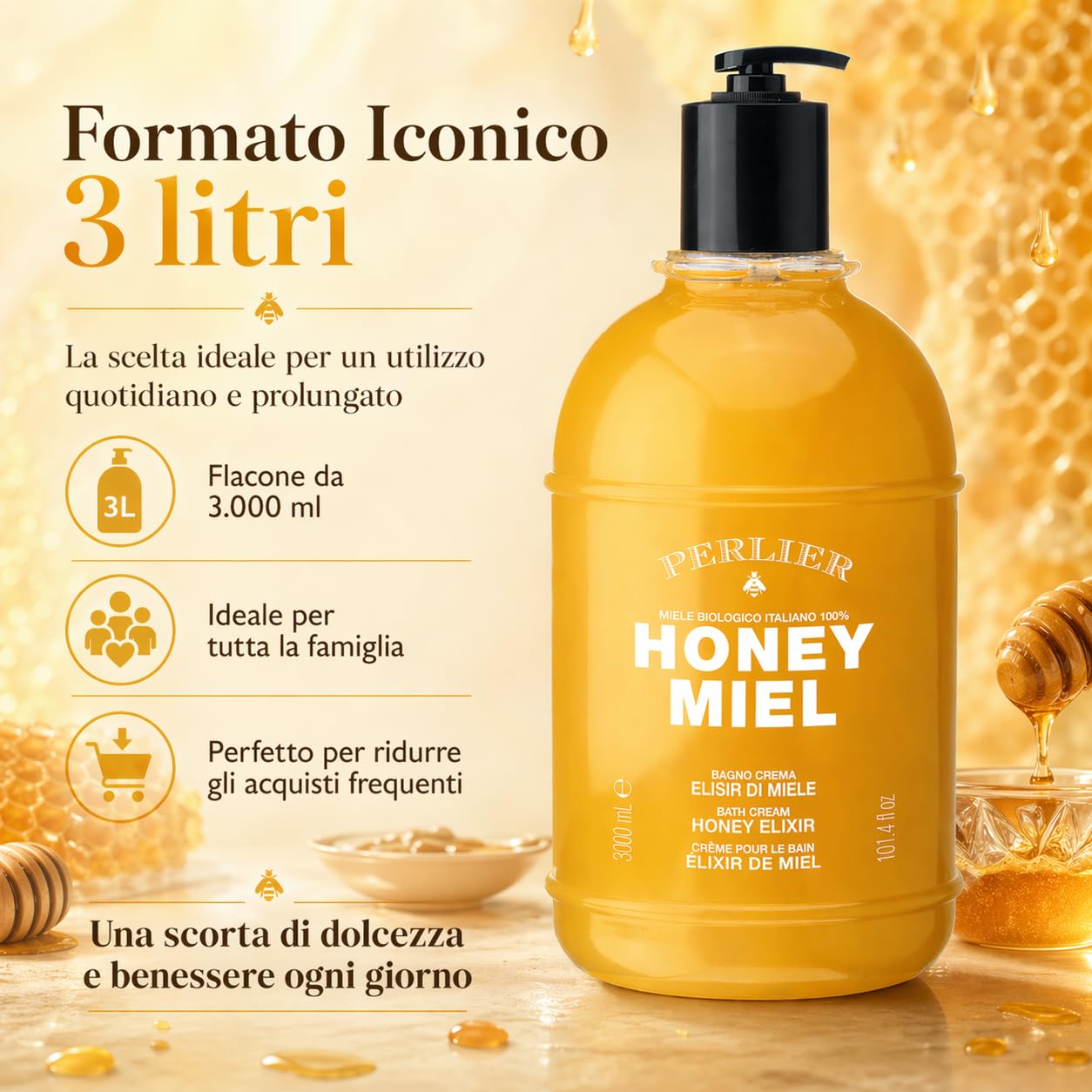 Perlier Honey Miel Bath Cream Miele - włoski miód organiczny 100% - 3000 ml z dozownikiem