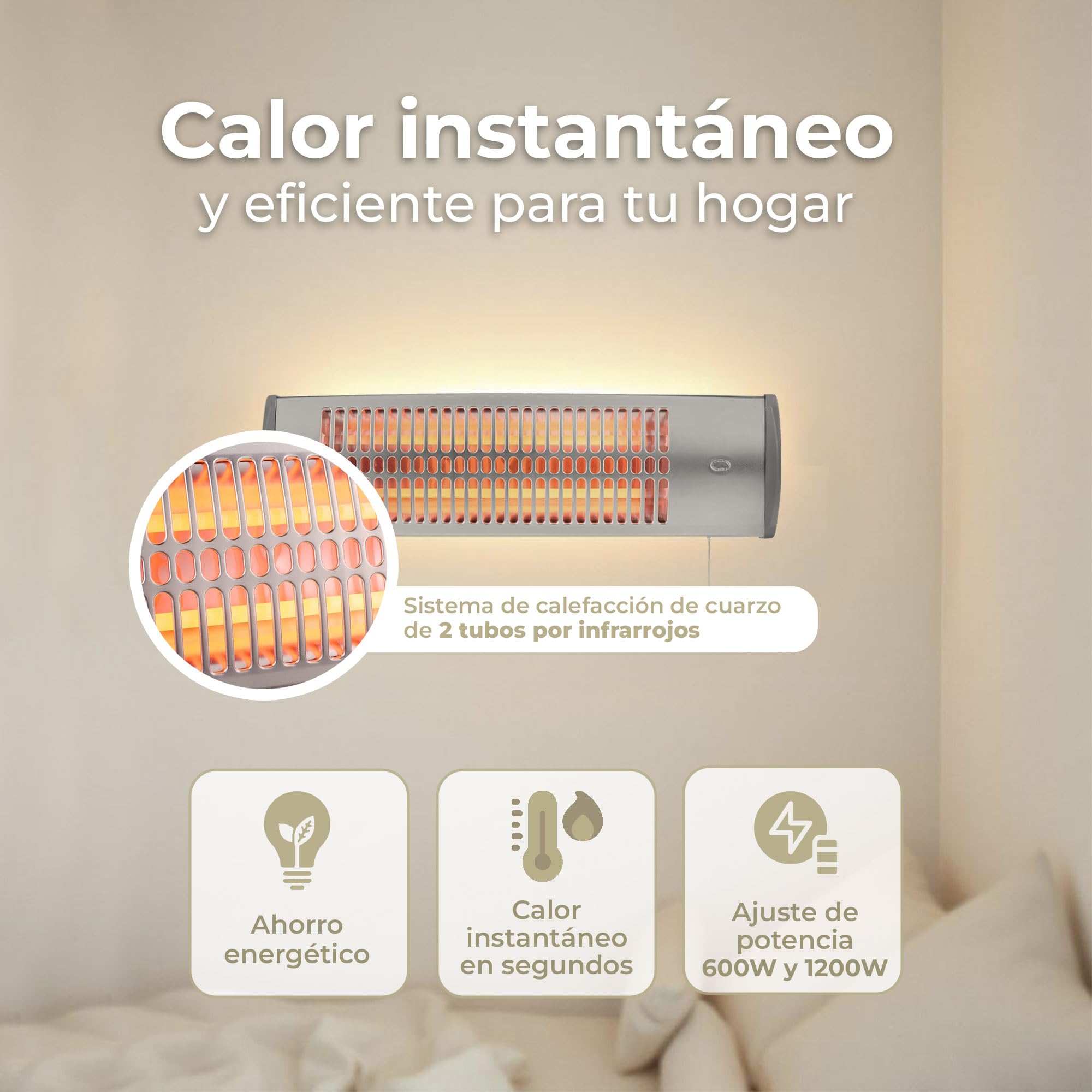 Calefactor Baño Pared - Estufa Baño Infrarrojos - Calentador para Pared con Potencia de 1200 y 600 Watios - Radiador Electrico de Interior de Fácil Instalación