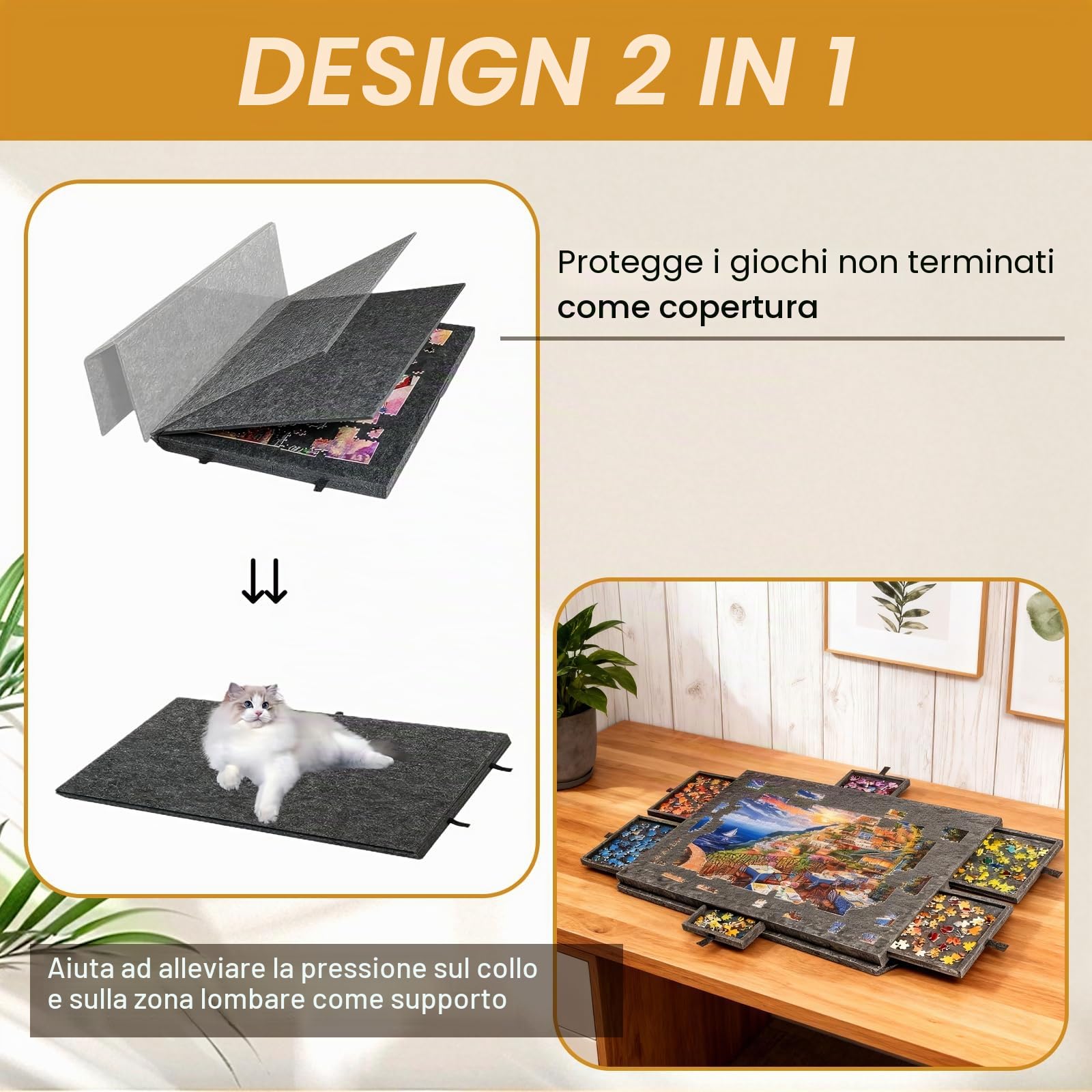 Tavole per Puzzle 1000 Pezzi, Porta Puzzles Portatile con 6 Cassetti e Copertura Antipolvere, Tappeto Puzzle in Feltro, per Adulti e Bambini, Nero