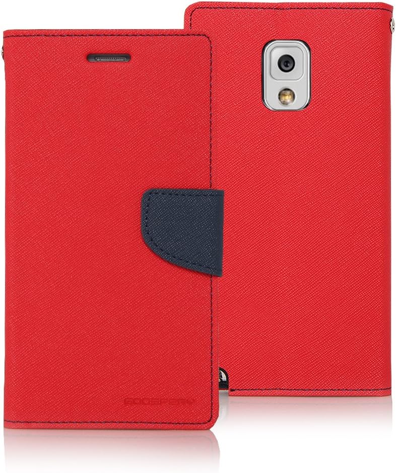 Galaxy NOTE 3 Case, [Drop Protection] Goospery® Fancy Diary Premium Synthetic Saffiano Leather [Wallet Type] Case [ID Credit Card Slots + Cash Pocket] Cover with Flip Stand for Samsung Galaxy Note 3 [Note III] - Red / Navy