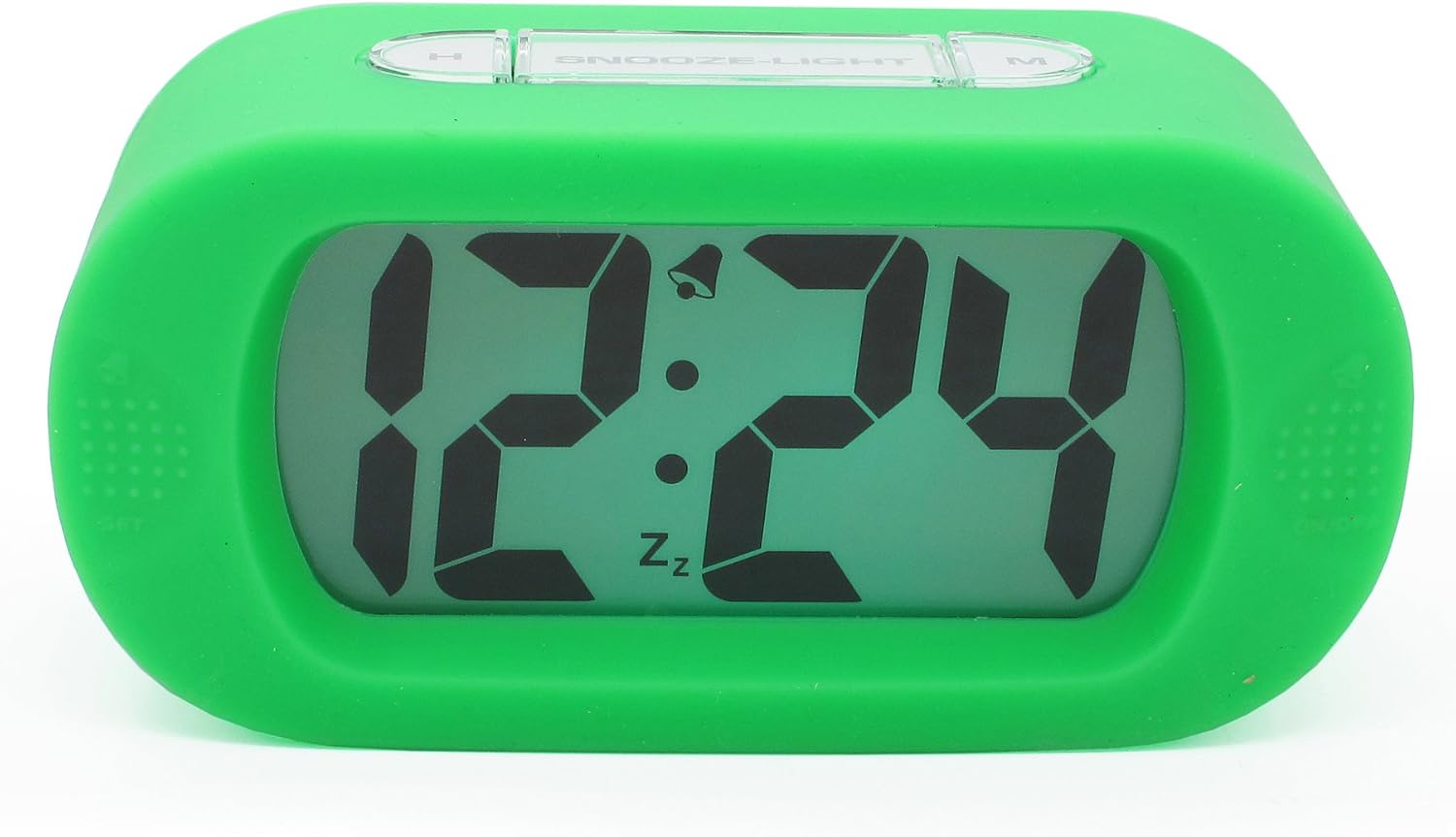 JCC Easy Setting Easy Read Silicone Protective Cover Digital Silent LCD Large Screen Bold Numbers Bedside Desk Alarm Clock with Snooze, Night Light Function, Battery Powered (Green)