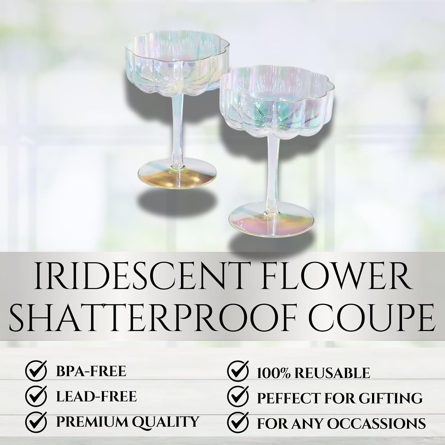 Khen Shatterproof Acrylic Flower Wavy Vintage Art Deco Martini, Champagne & Cocktail Iridescent Rainbow Plastic Tritan Coupe Glasses | 4 Set | 8.5oz Glassware Classic Cocktail Indoor & Outdoor Set