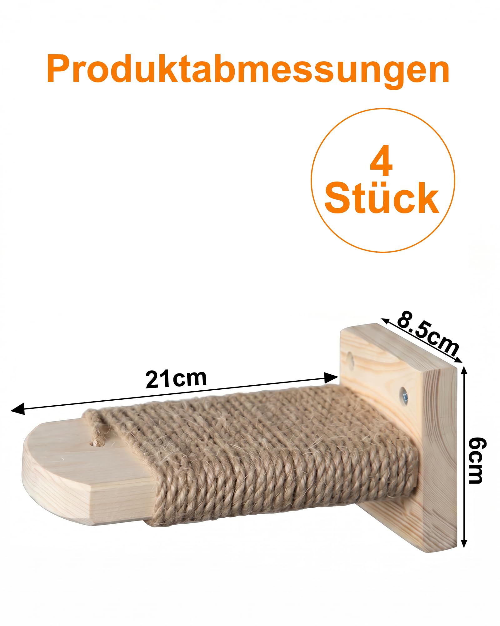 4 Stück Katzentreppe Wand: Kletterwand Katzen aus Massivholz mit Juteseil 21cm bis 35kg Wandliege zum Klettern Ruhen Kratzen für Wohnung Katzen