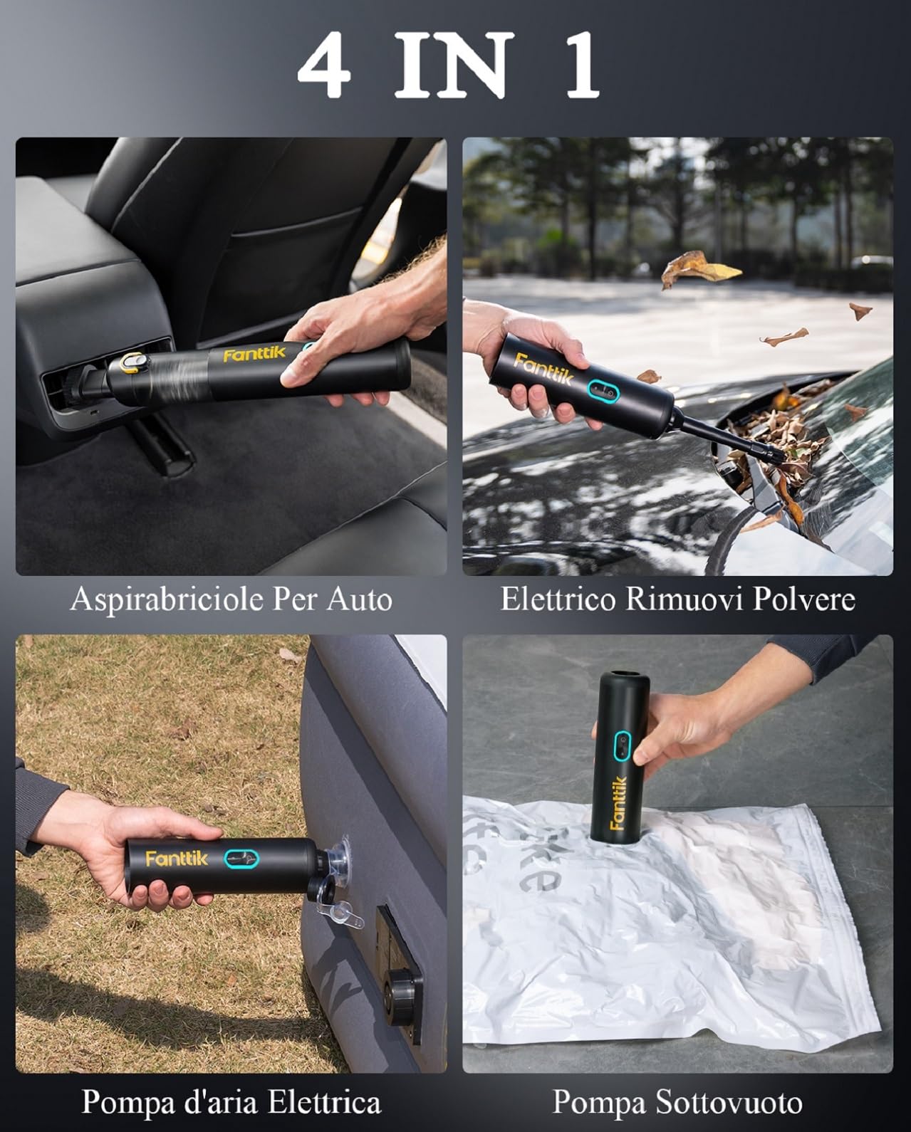 Fanttik Slim V8 Apex Aspirabriciole Senza Fili Per Auto,Alta Potenza di Aspirazione 19000Pa,Ricarica Rapida USB-C in 2,5 Ore,4 in 1 Aspirapolvere e Soffiatore d'aria e Pompa ad Aria e Pompa Sottovuoto