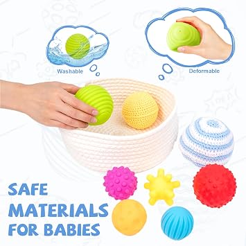 Adena Montessori 8 Varying Colors Textured Sensory Ball Set 6+ Months | Textured soft durable balls simple to clean for toddler sensory play,  with a white woven basket as baby gift.