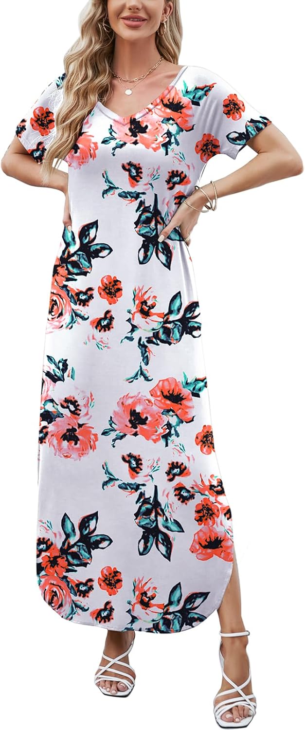 HUSKARY Women's Summer Maxi Dress Casual Loose Pockets Long Dress Short Sleeve Split Maxi Dresses - Image 2