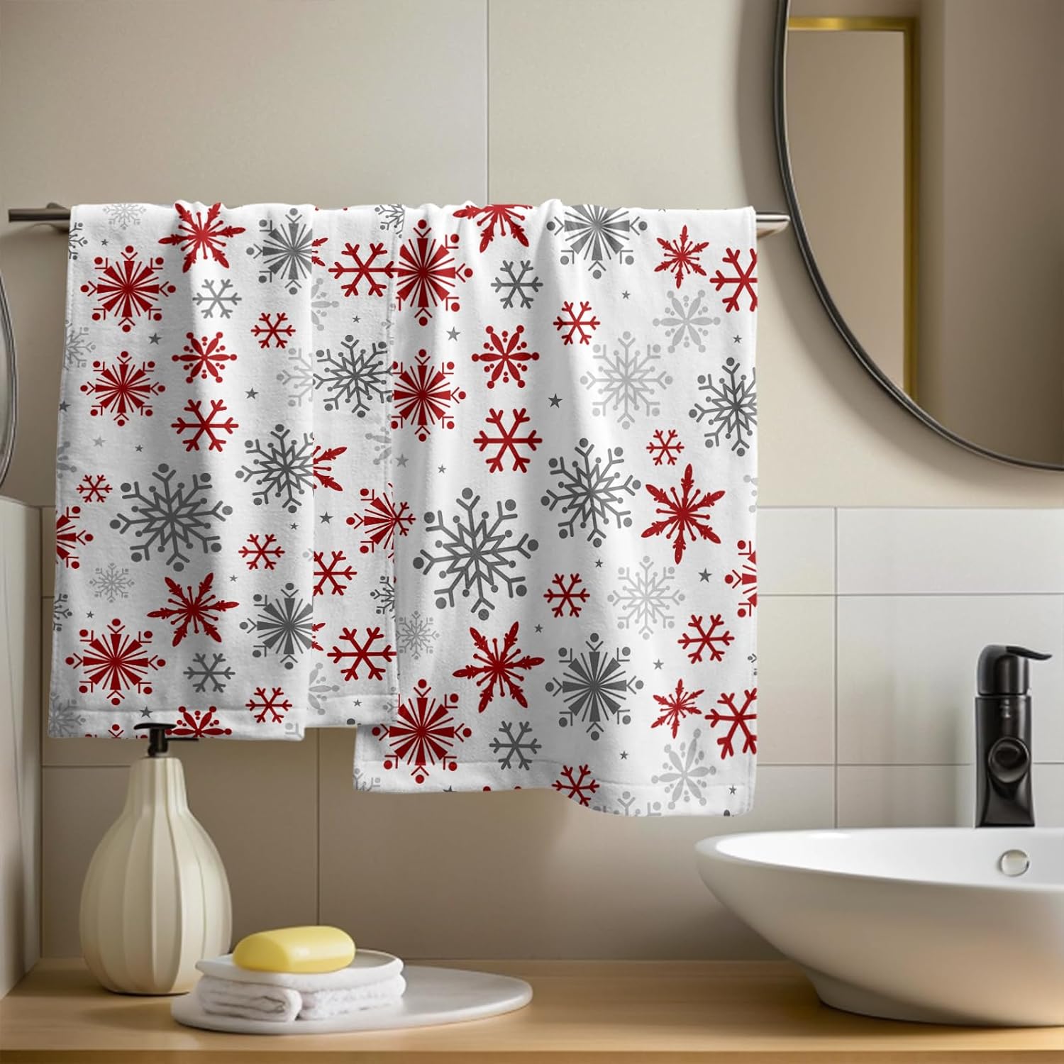 Red Gey Gray Christmas Snowflakes Hand Towels for Bathroom Set of 2 White Winter Xmas Print Holiday Themed Decorative Handtowels Soft Absorbent Bath Towel for Home Guest Room Hotel Gym Spa