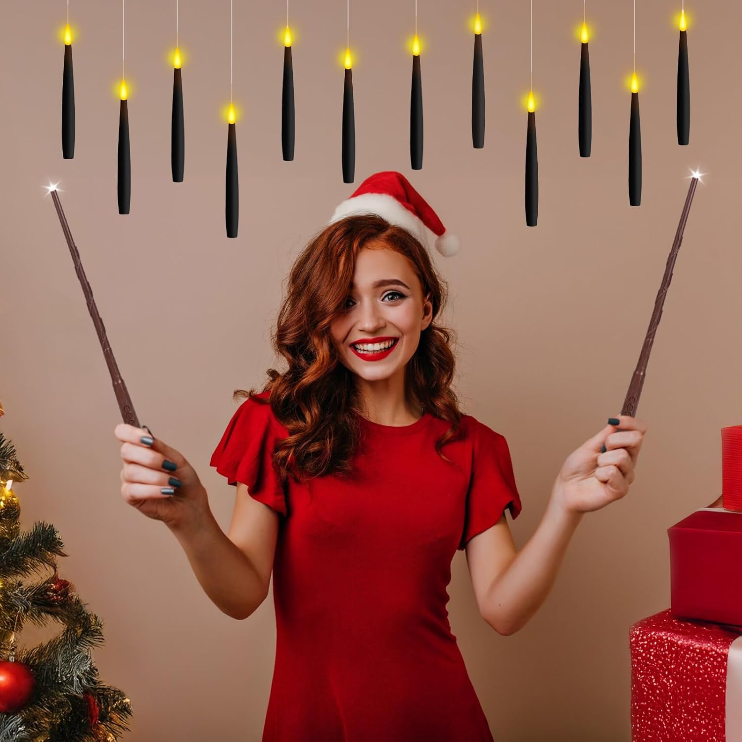 NURADA Floating Candles with Wand Remote Timer - Magic LED Hanging Flameless Taper Candles Flickering Battery Operated for Halloween Birthday Theme Party Holiday Home Window Decor - Black 12 Pack
