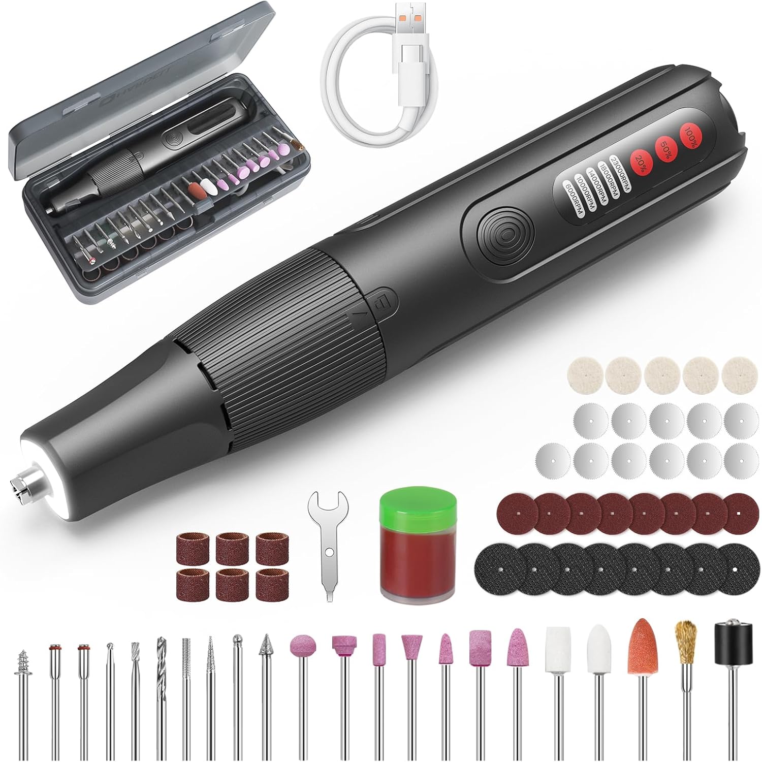HARDELL Cordless Rotary Tool Kit 8V, 5-Speed 61pcs Rotary Tool Kit with Digital Display & Auto-Lock Chuck, Low Noise Rotary Tool for DIY 3d Priting, Sanding, Polishing, Drilling, Engraving, Crafts