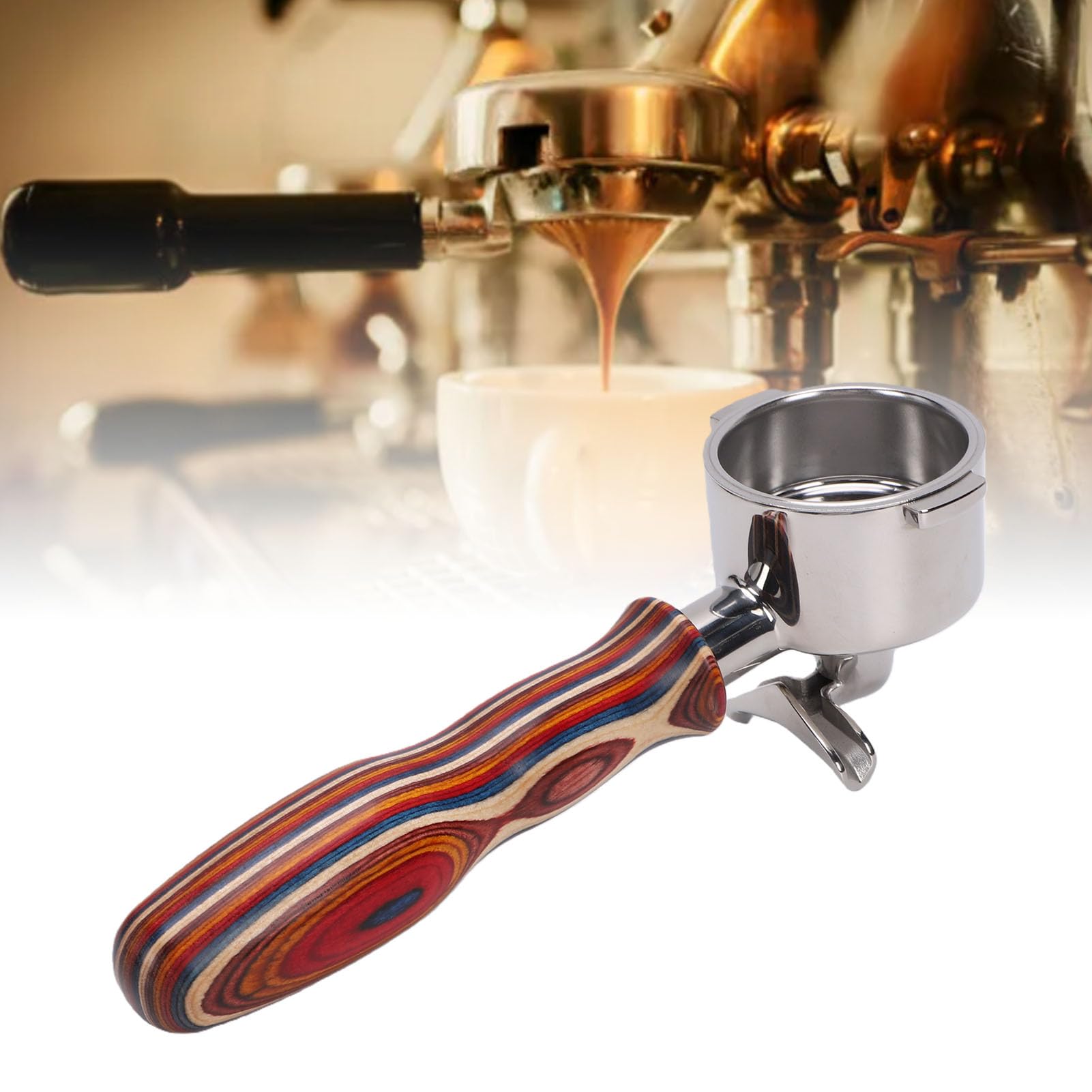 EMUKOEP Portafiltro de café para, Cesta de Filtro de Acero Inoxidable de 51 Mm con de Madera de Abedul (Caño doble con fondo)