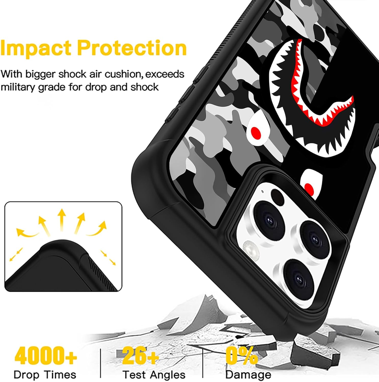 Compatible with iPhone 16 Pro Case Cool Camo Shark Street Fashion Design for Boys, 3-Layer Rugged Shockproof Hard Plastic Bumper Silicone Rubber Heavy Duty Protection Cover - Image 5