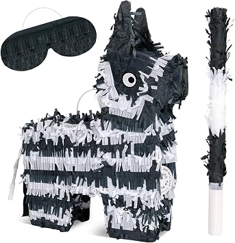Pinata Set for Kids Party - Full Party Game Kit with Hitting Stick, Blindfold & Confetti Filler, Perfect for Birthday Party Decorations for Boys and Girls - Pinata,black and white